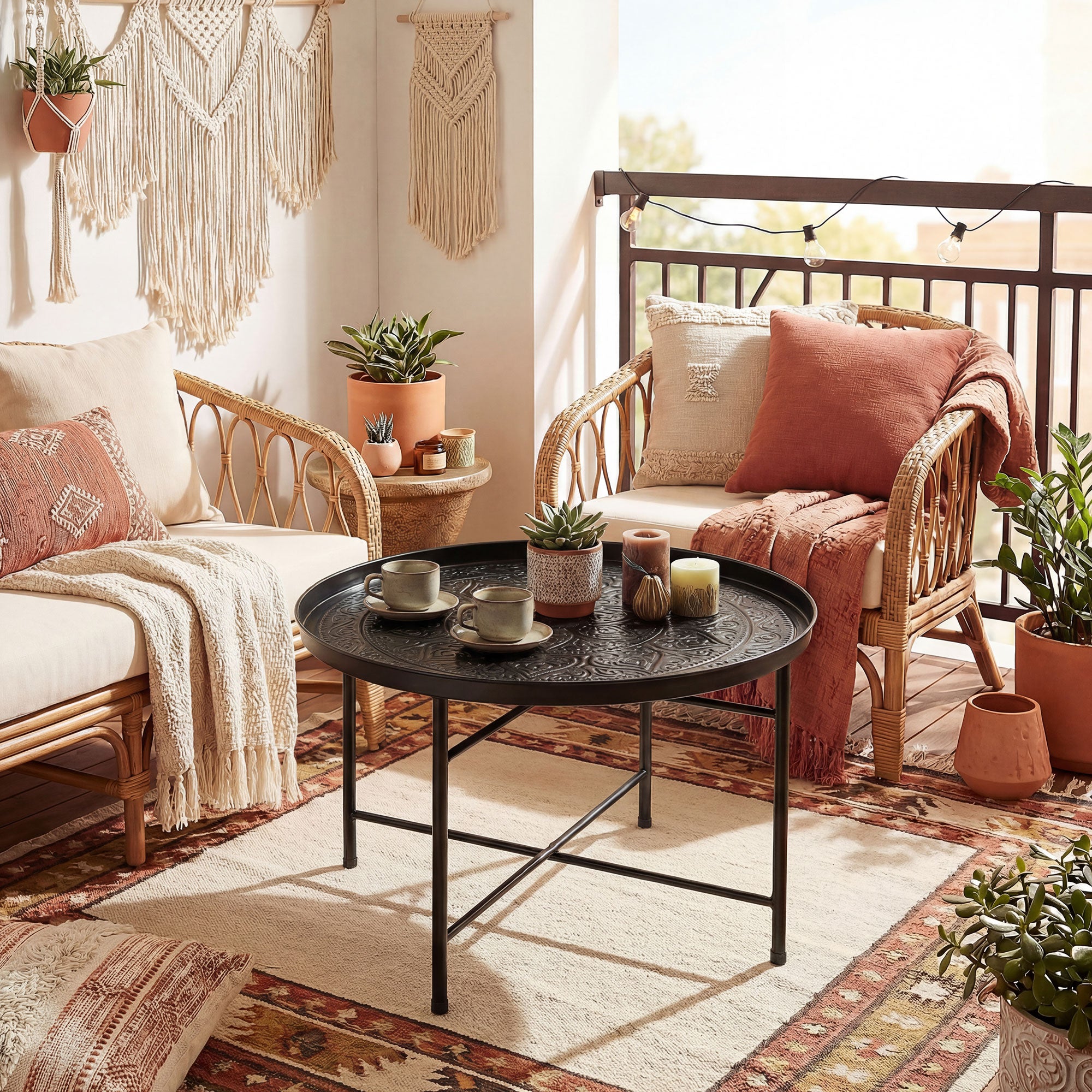 Coffee Table for Living Room, 24" Round Center Table with Hammered Tray Top and Metal Frame for Bedroom, Black