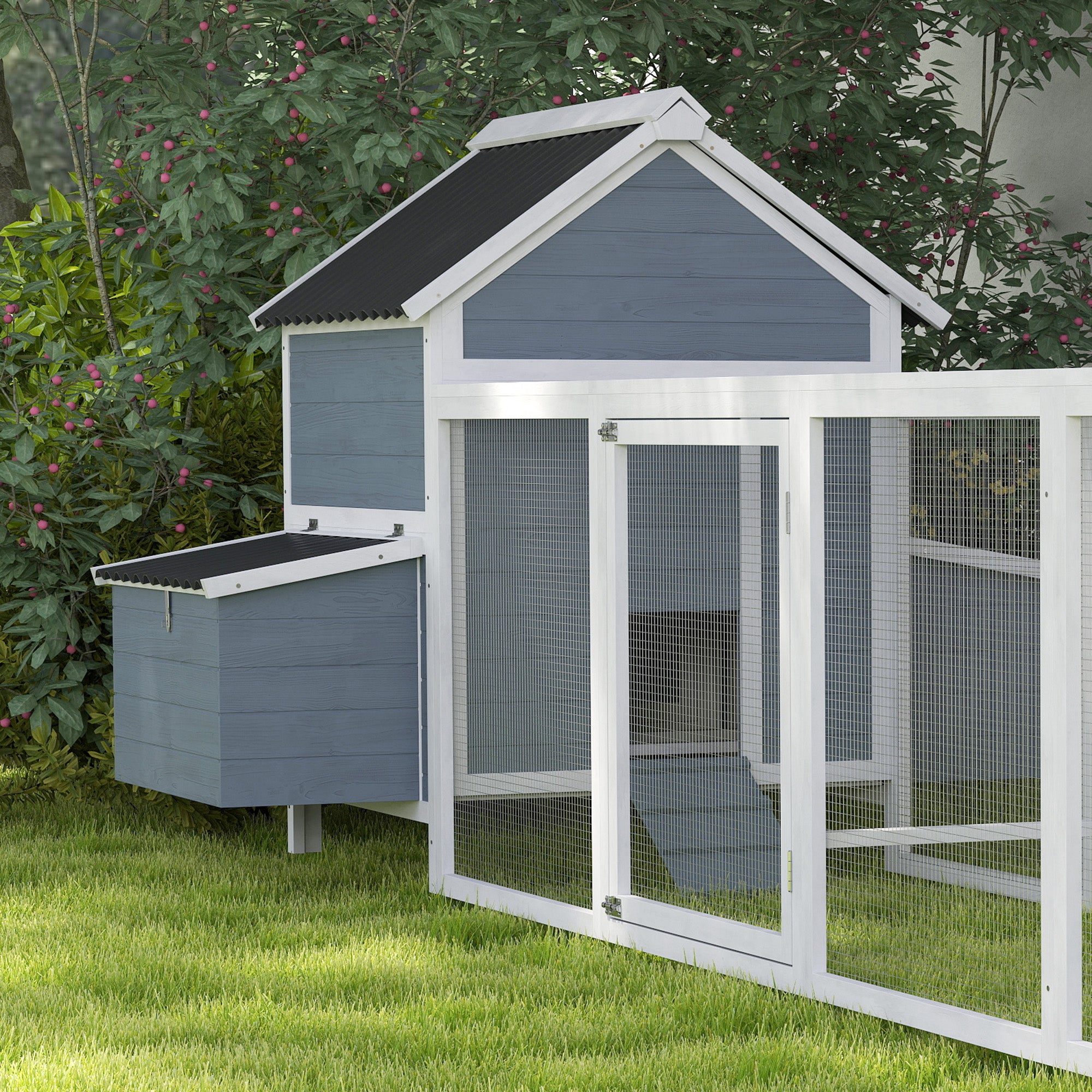 156" Extra Large Wooden Chicken Coop with 2 Nesting Box, Run Cage, Waterproof Wave Roof, for 10-15 Chickens, Light Gray - Light Gray - Image 8
