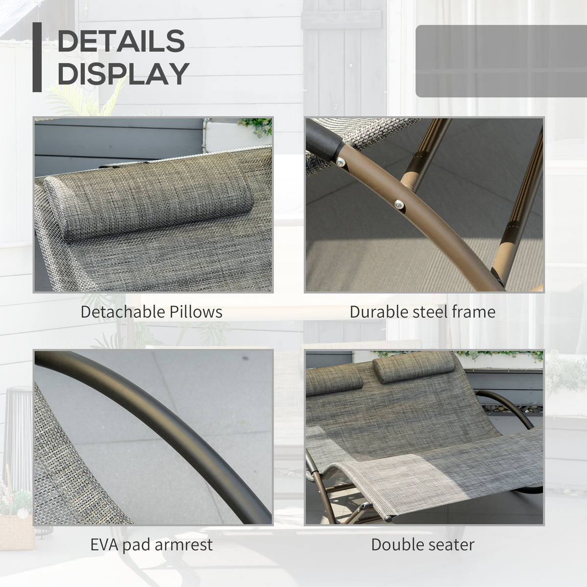 Outdoor Double Chaise Rocking Chair, Day Bed Sun Lounger with Canopy Shade, Headrest Pillow, Armrests for Garden, Poolside, Light Gray
