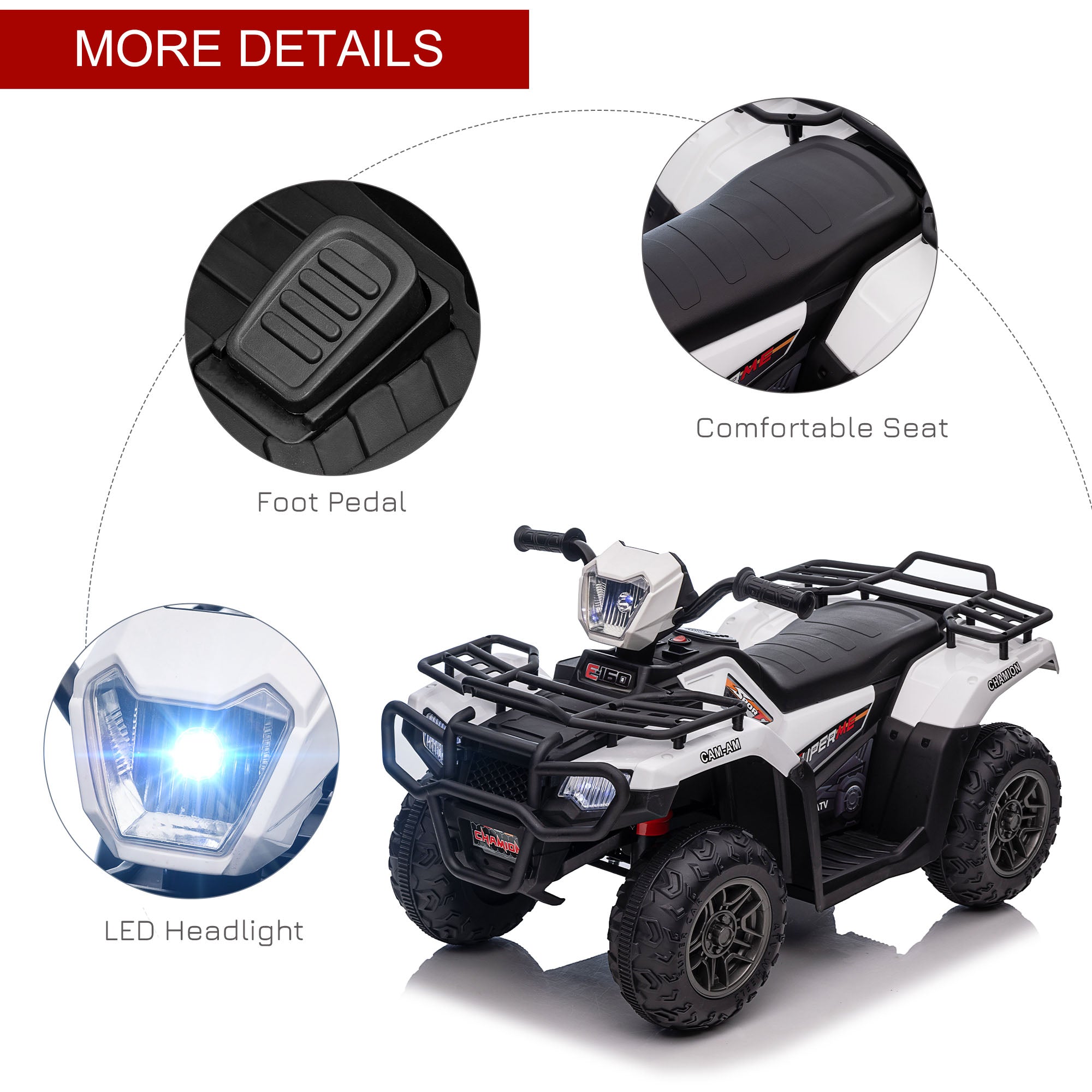 12V Electric Toy Car with Forward Backward Function, Music, LED Headlights, for Ages 3-5 Years, White