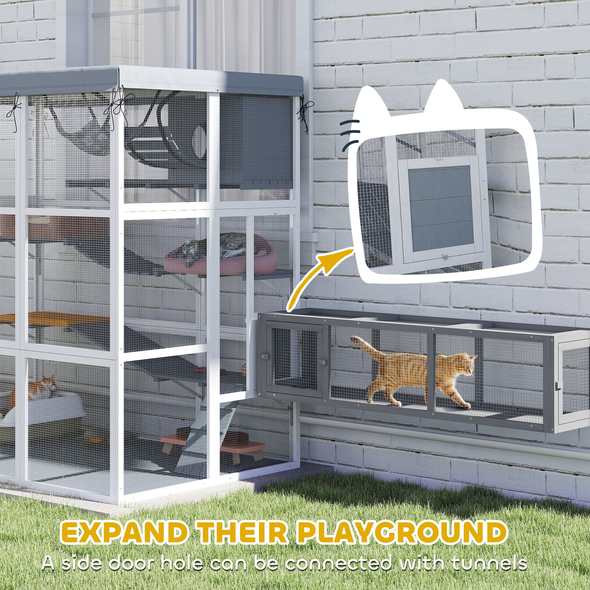 Large Outdoor Catio Cat Enclosure with Hammock, Condo, Jump Platforms, Ladders, Ramps, Tarp, for 2-4 Large Cats, Gray - Gray - Image 6