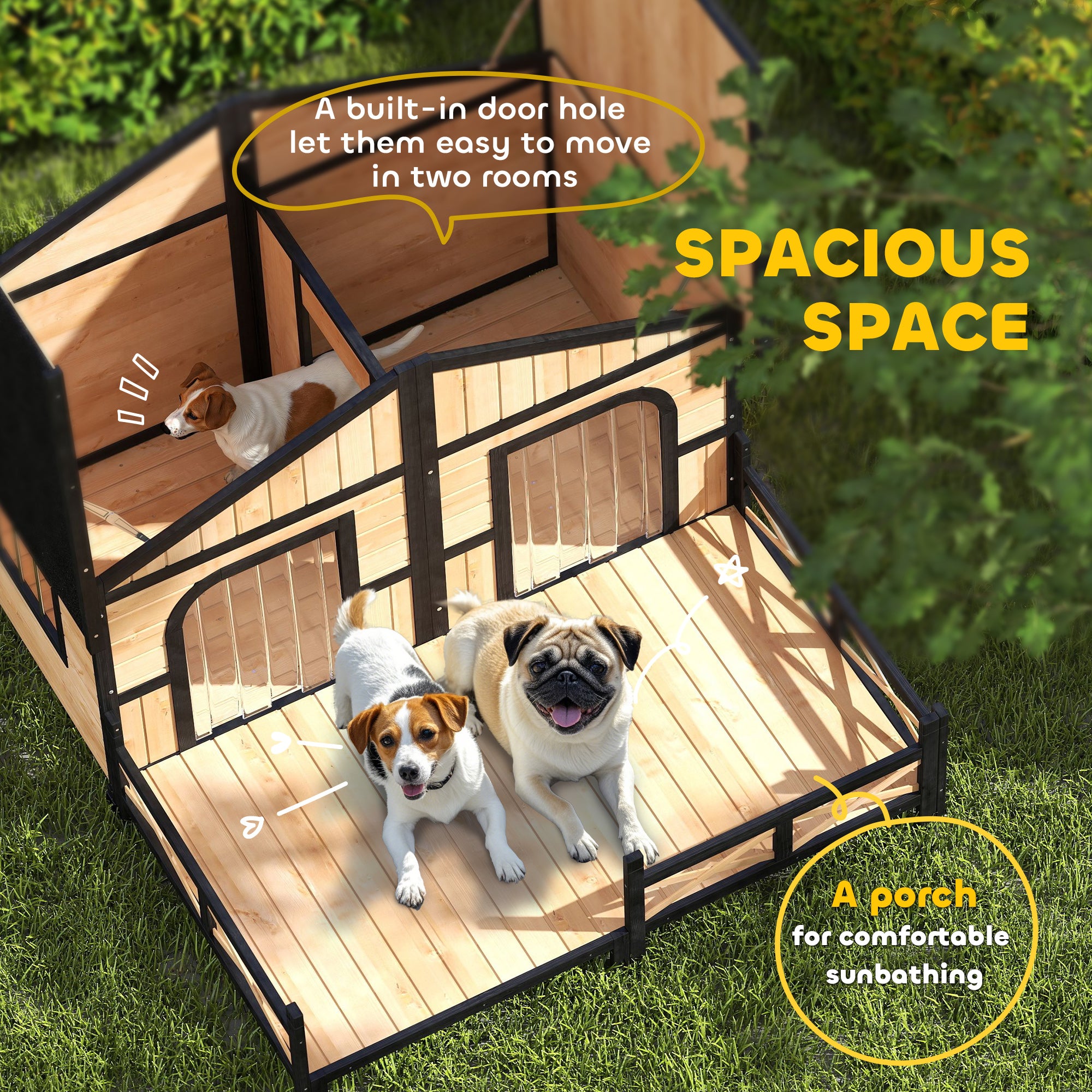 Dog House Outdoor, Wooden Dog Kennel Weatherproof with Porch, Openable Roof, Removable Bottom, Elevated Floor, Double Room for 2 Small to Medium Breeds, Natural - Natural Wood - Image 4
