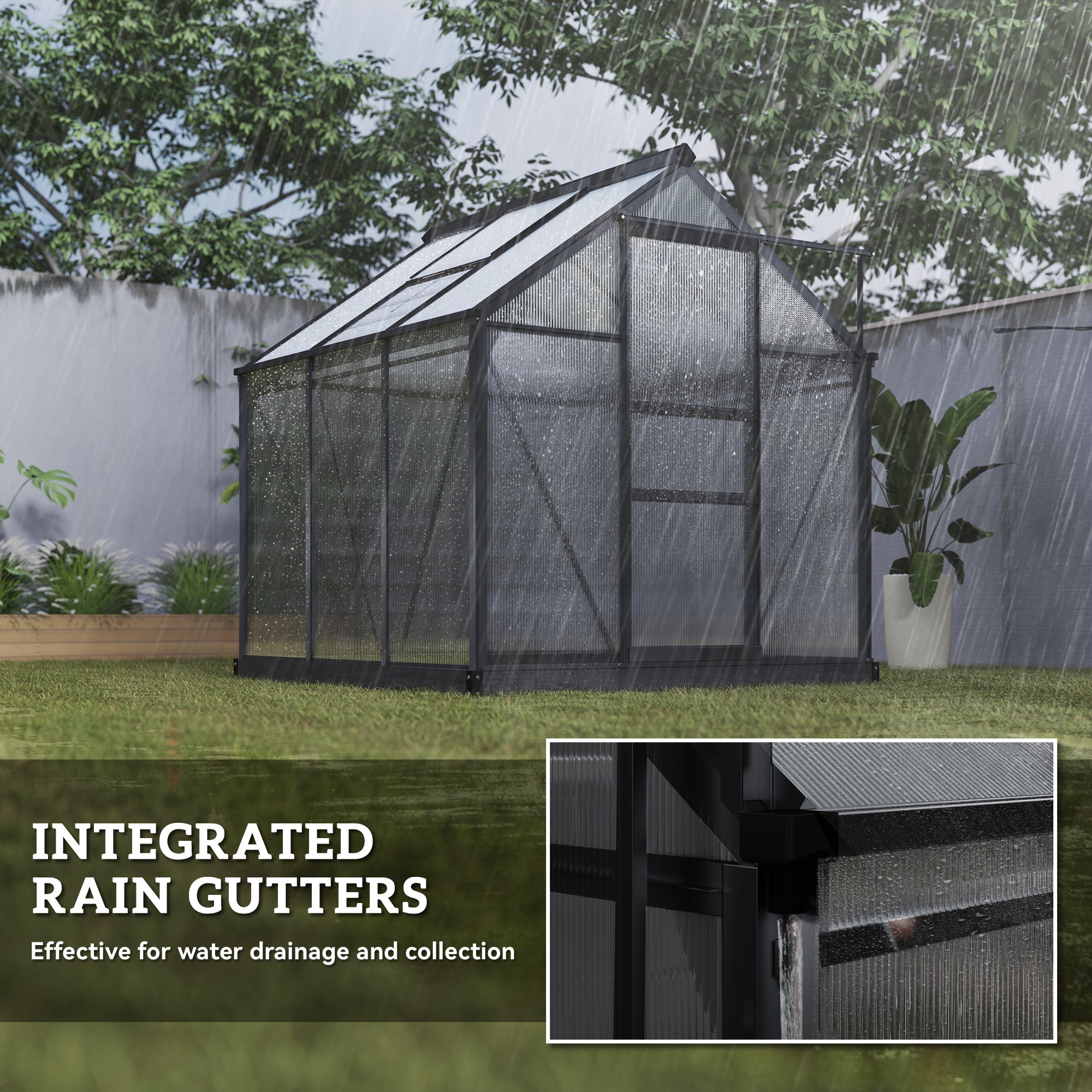 Polycarbonate Greenhouse, Heavy Duty Outdoor Aluminum Walk-in Green House Kit Vent Door, 6.2'x6.2'x6.6' Gray - Gray - Image 7