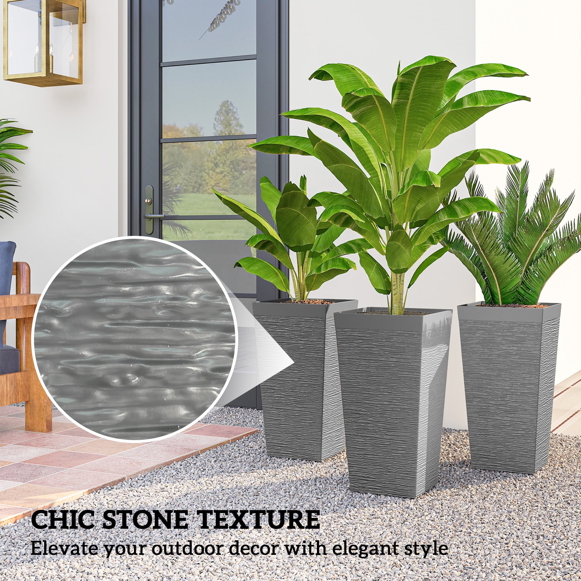 22.8 Inch Set of 3 Outdoor Planters with Stone Finish and Wheels, Stackable Tapered Planters with Drainage Hole, Gray - Gray - Image 5