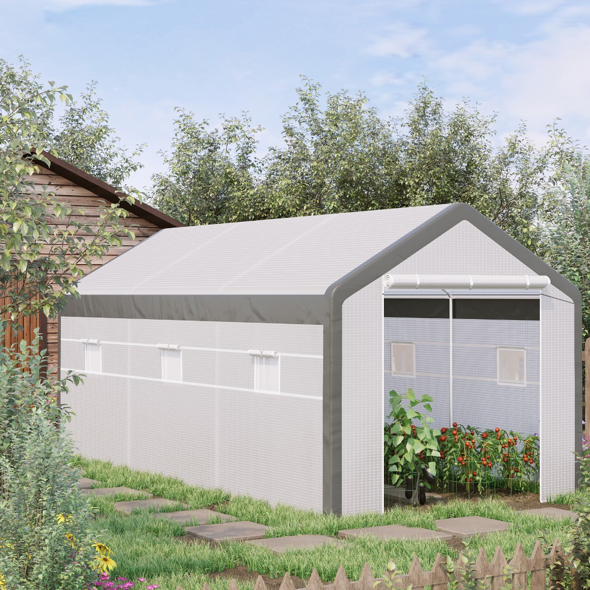 20' L x 10' W x 9' H Large Walk-in Greenhouse with Roll Up Door, 8 Closeable Windows, & Weather PE Cover - White - Image 2