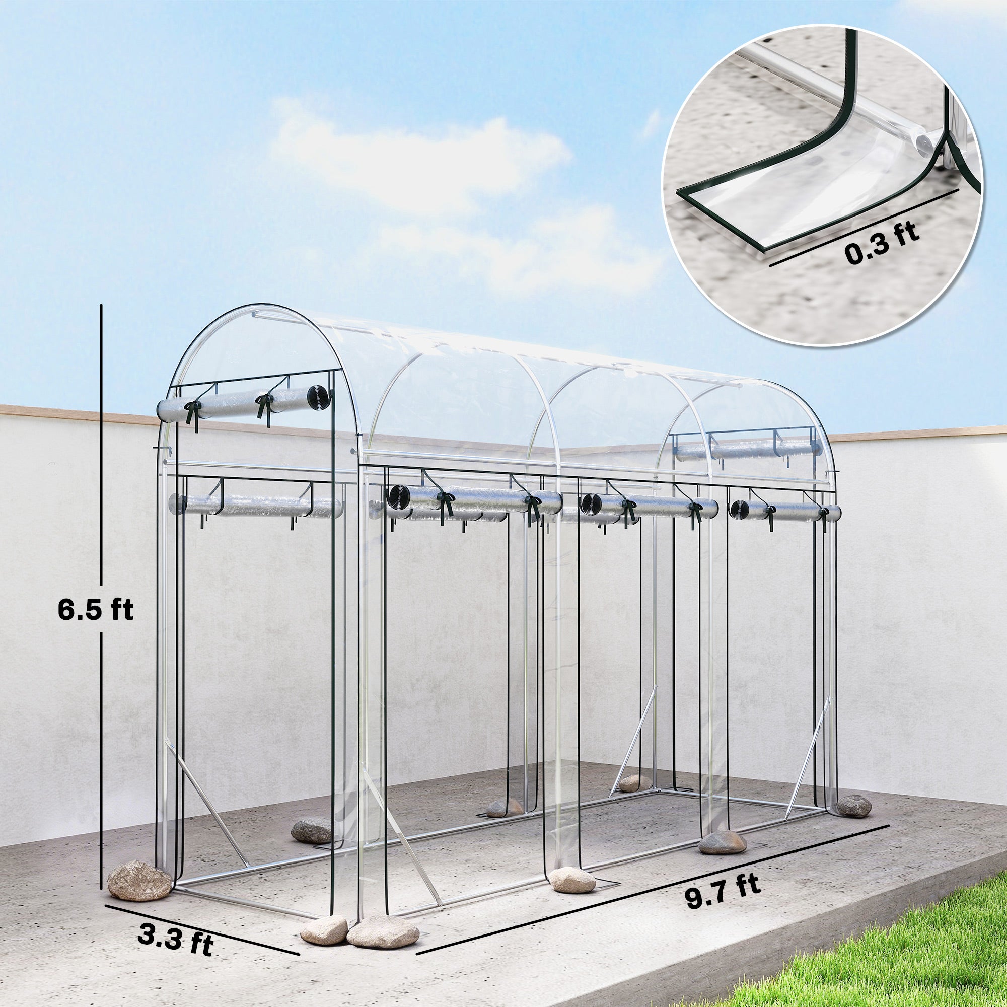 Walk-in Tunnel Greenhouse, Hoop House Greenhouse with 8 Roll-Up Doors, 10' x 3' x 6.5', Clear - Clear - Image 3