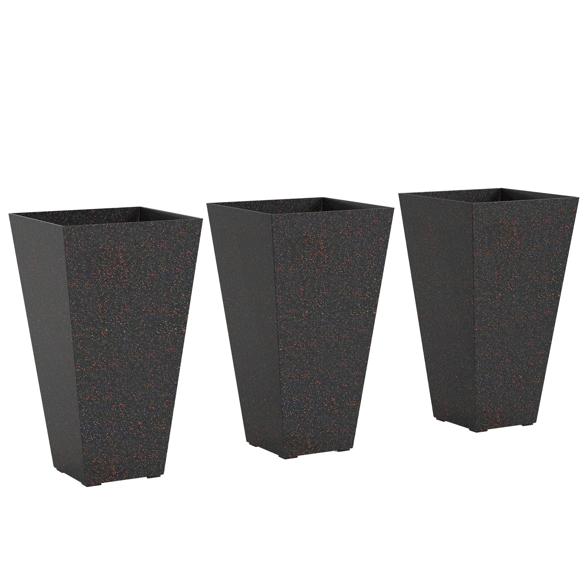 28" Tall Planters, Set of 3 Plastic Flower Pots with Marble Finish and Drainage Holes, Stackable Taper Planters, Brown - Brown