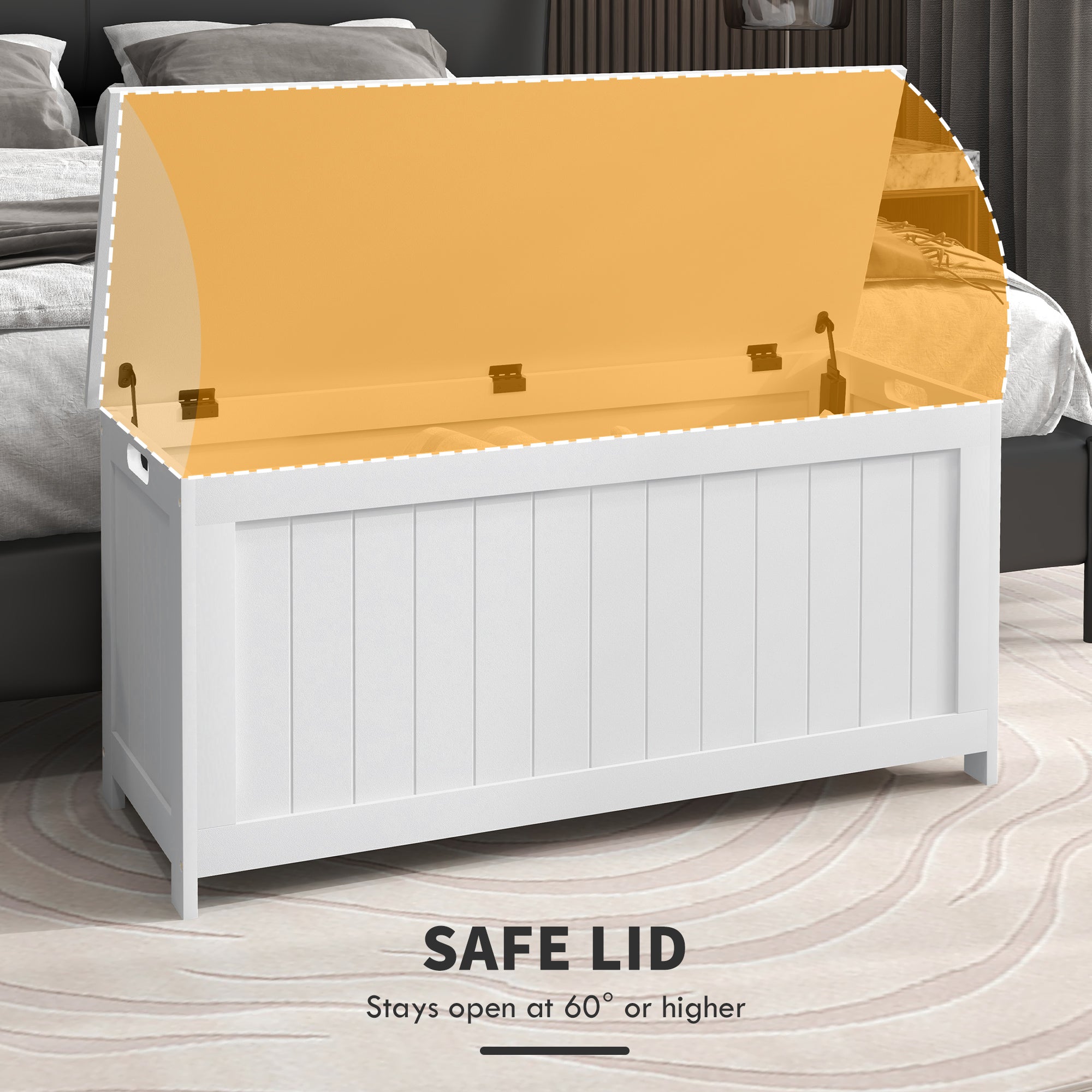 39.4" Storage Trunk w/ 2 Safety Hinges, Wooden Storage Bench w/ Side Handles, Storage Chest for Playroom, White