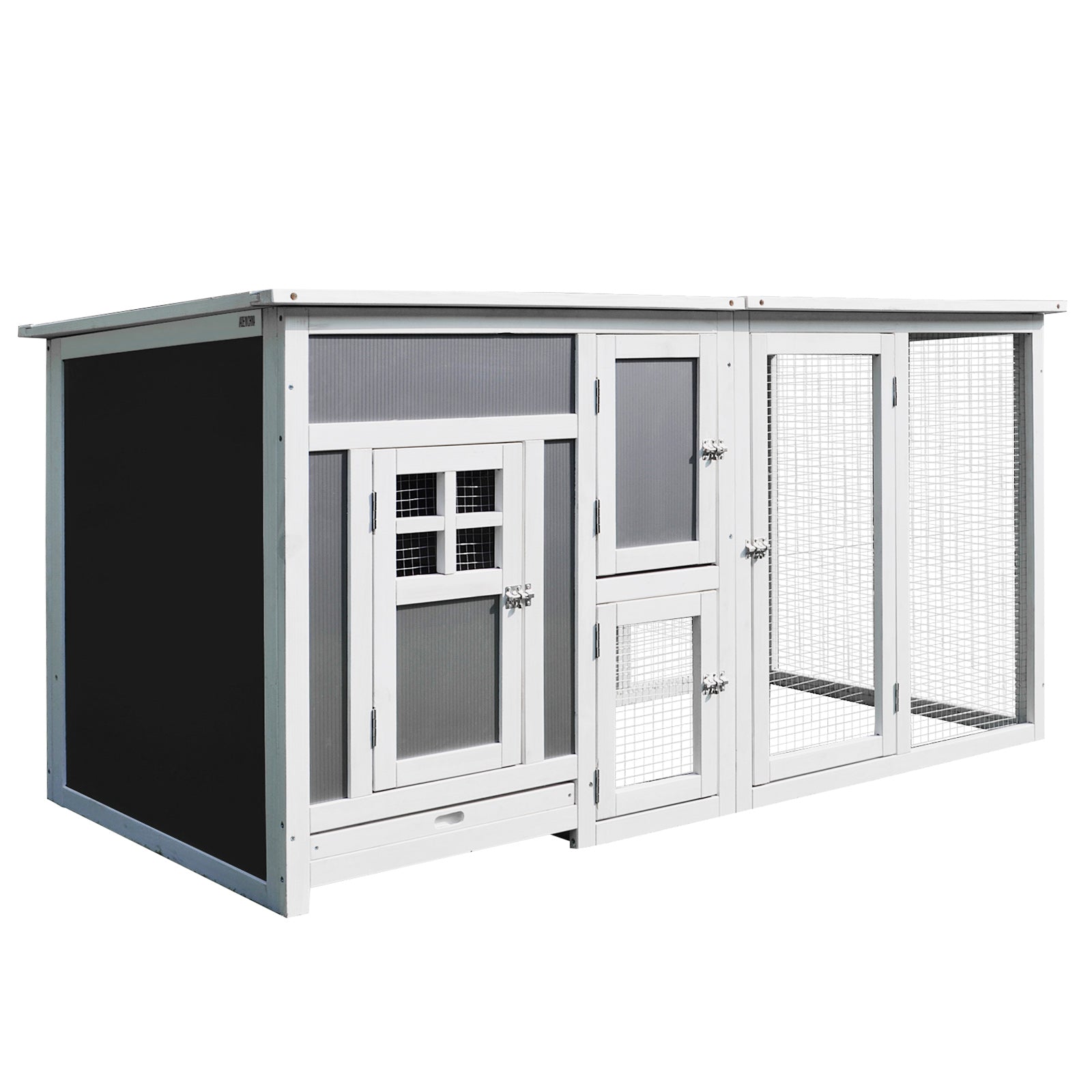 63" Chicken Coop Wooden Chicken House Rabbit Hutch Poultry Cage Hen Pen Backyard PC Roof with Run Box - Grey and White