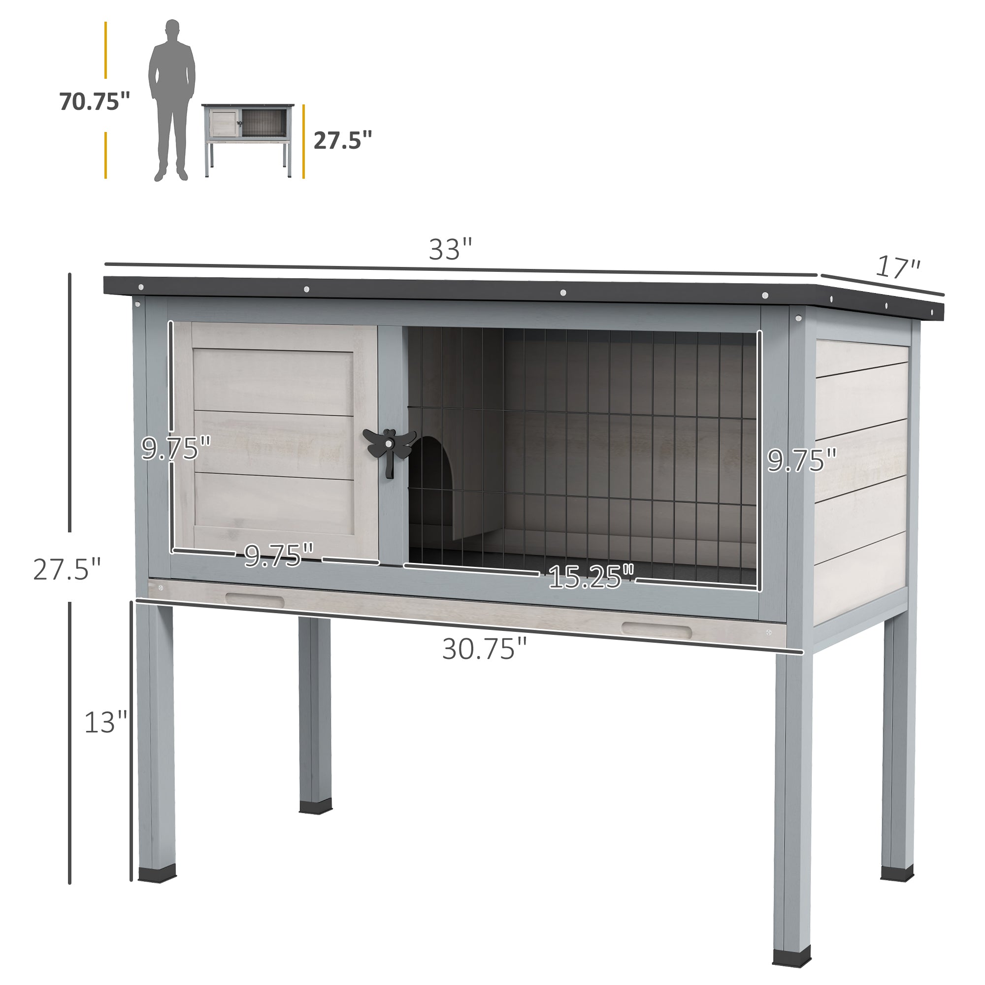 Elevated Rabbit Hutch, Wooden Bunny Cage with Hinged Asphalt Roof and Removable Tray, for Indoor/Outdoor, Gray - Gray - Image 3