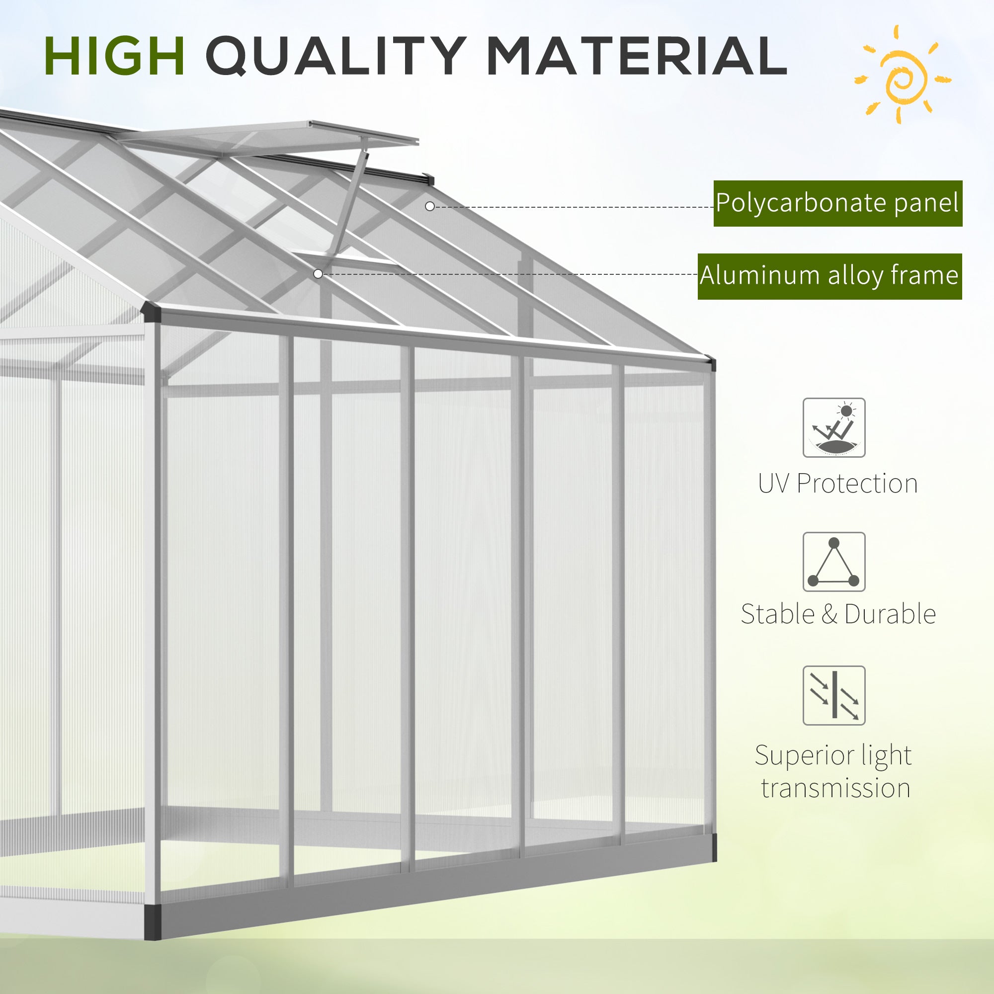 10' L x 6' W Walk-In Polycarbonate Greenhouse with Roof Vent for Ventilation & Rain Gutter for Winter - Silver - Image 4