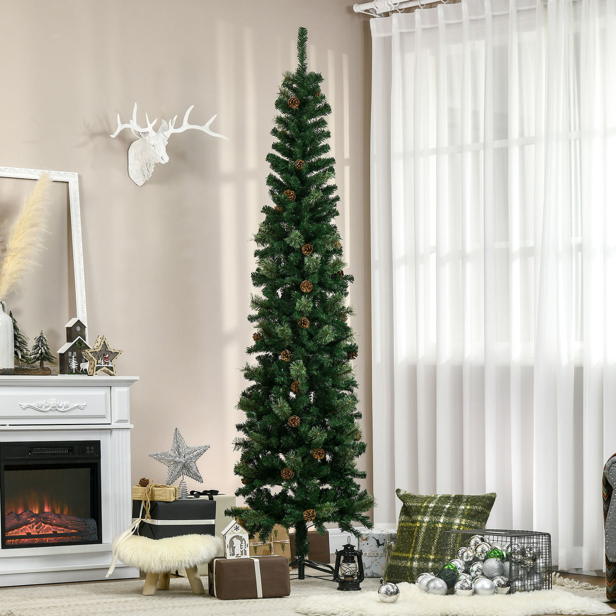 7.5 Foot Pencil Artificial Christmas Tree, Slim Pine Needles Xmas Tree with Realistic Branches, Pine Cones, Metal Base, Green