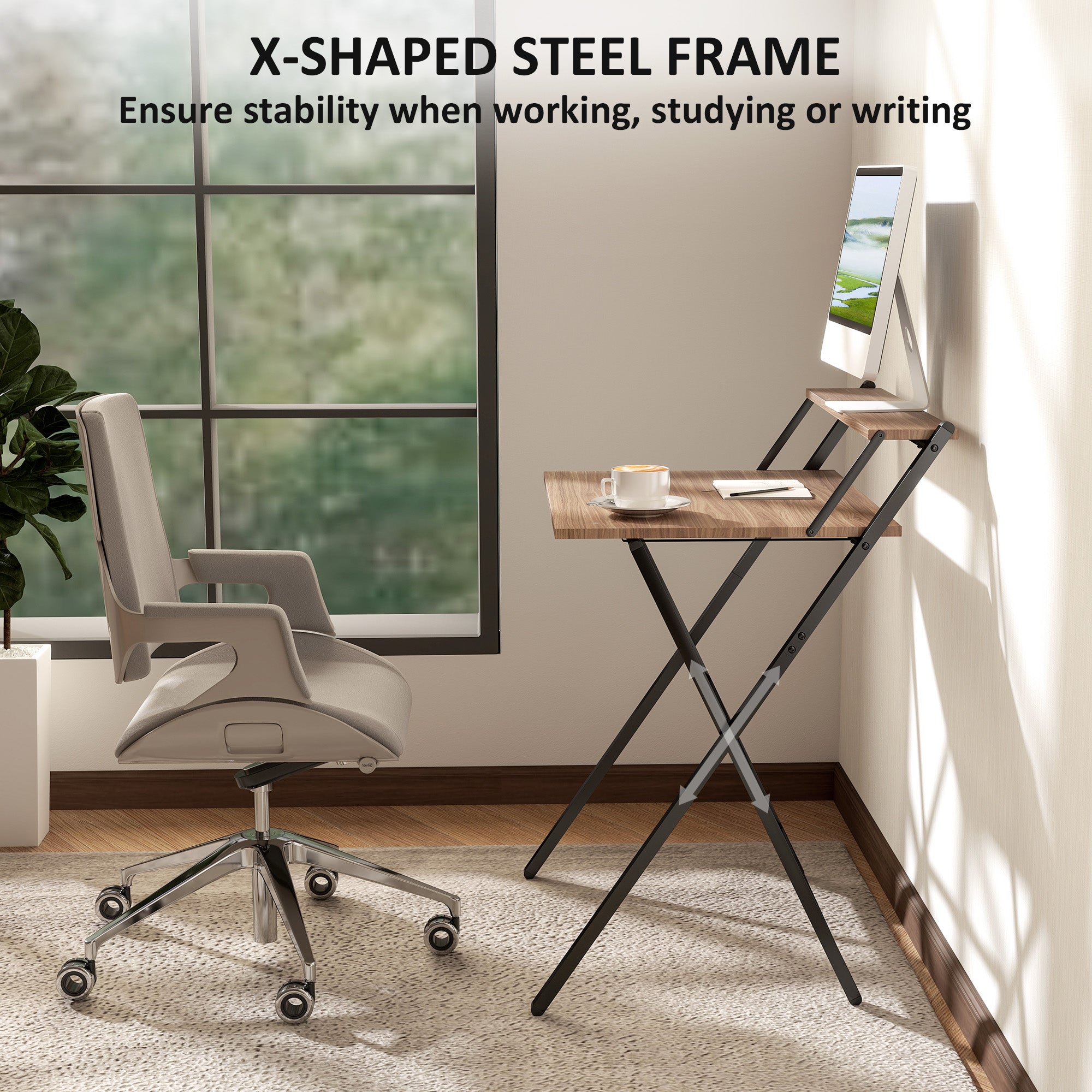 Folding Computer Desk, 27.6" Foldable Desk with Monitor Shelf for Small Space, Home Office, Study, Easy Assembly, Walnut