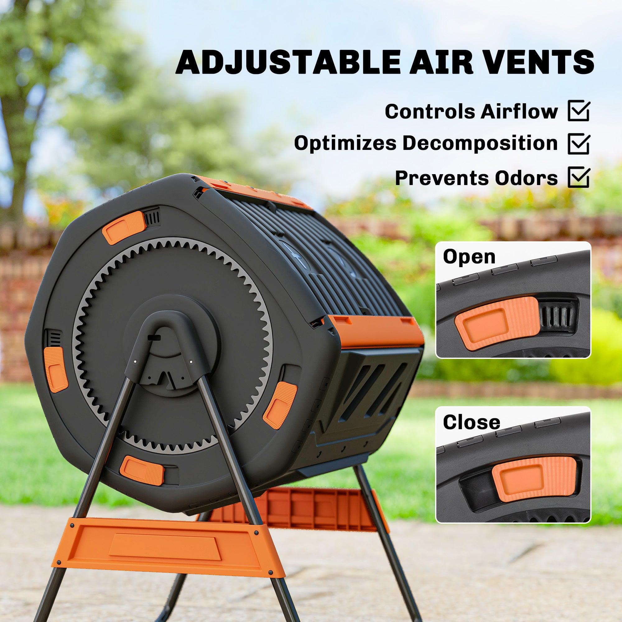 Compost Bin Outdoor, 53 Gal Dual Chamber Tumbling Composter with Adjustable Vents, BPA Free Tumbling Composter, Orange - Orange - Image 7