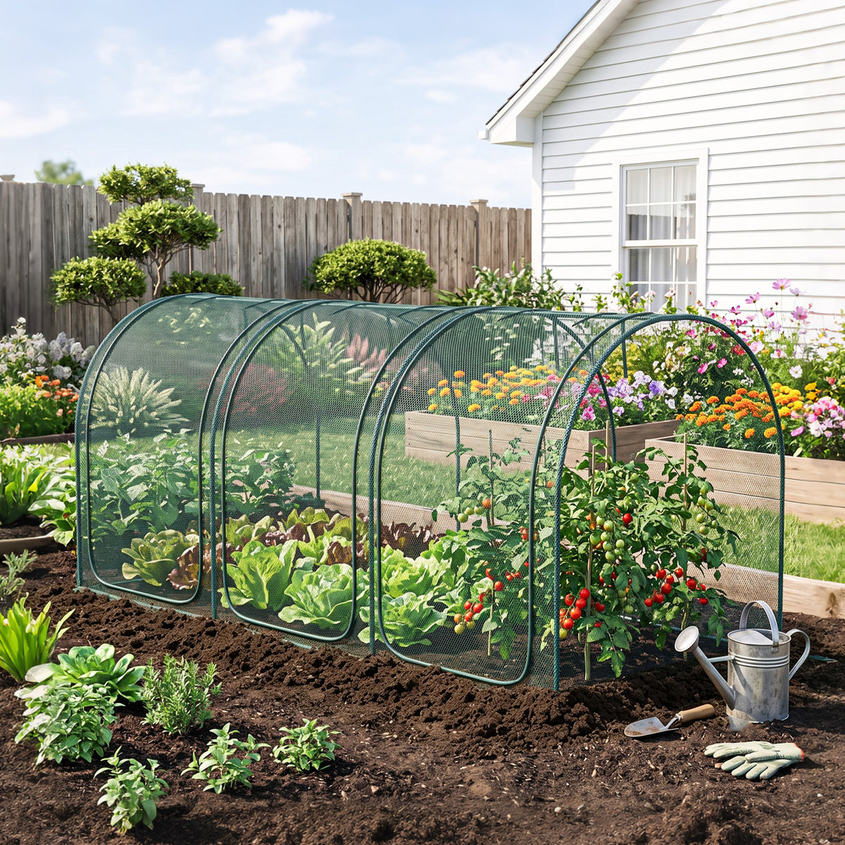 9' x 4' Crop Cage, Plant Protection Tent with Three Zippered Doors, Storage Bag and 4 Ground Stakes, for Garden, Yard, Lawn, Green