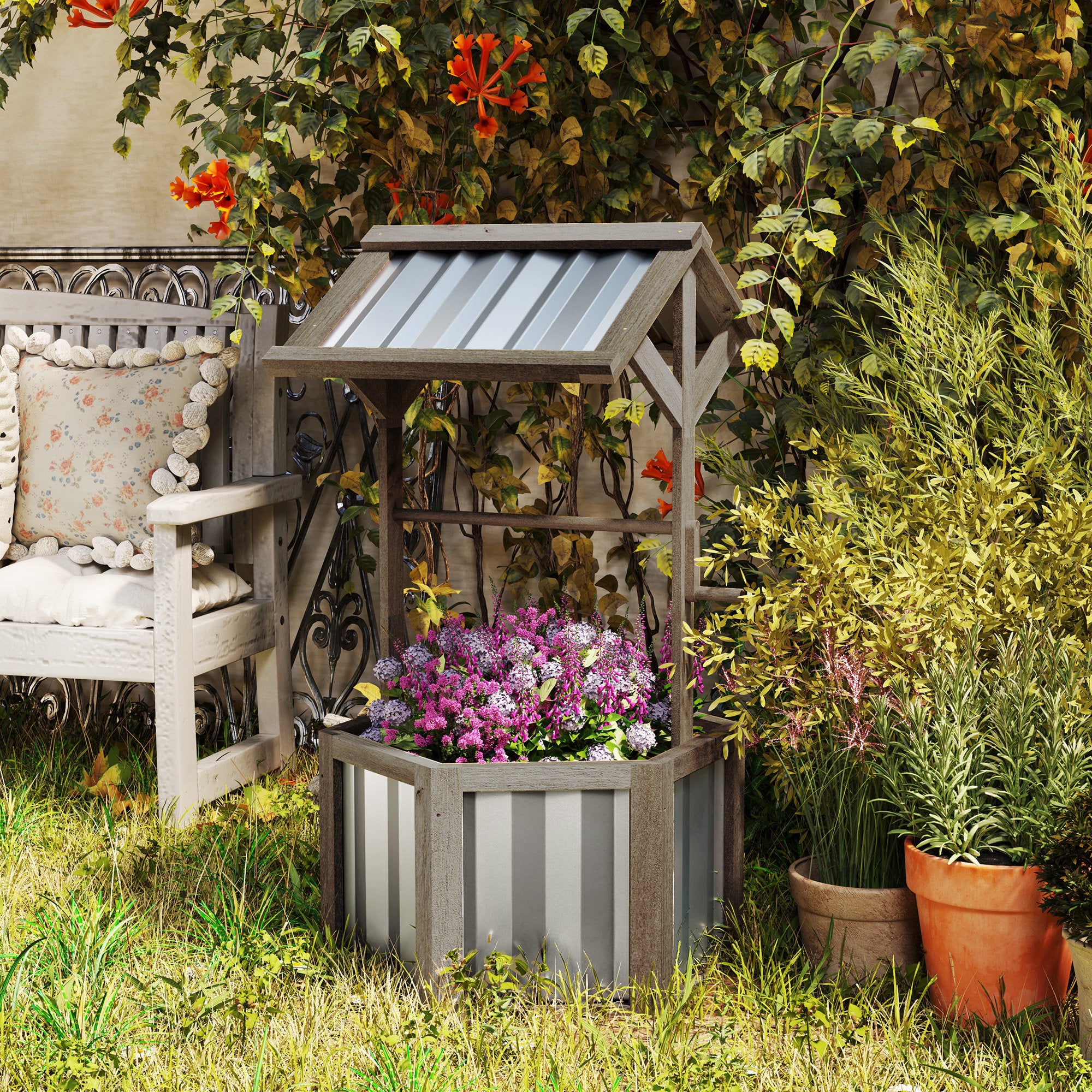 Wooden Wishing Well Planter, Raised Garden Bed with Galvanized Canopy, Hexagon Raised Flower Bed for Garden, Light Gray - Light Gray - Image 2