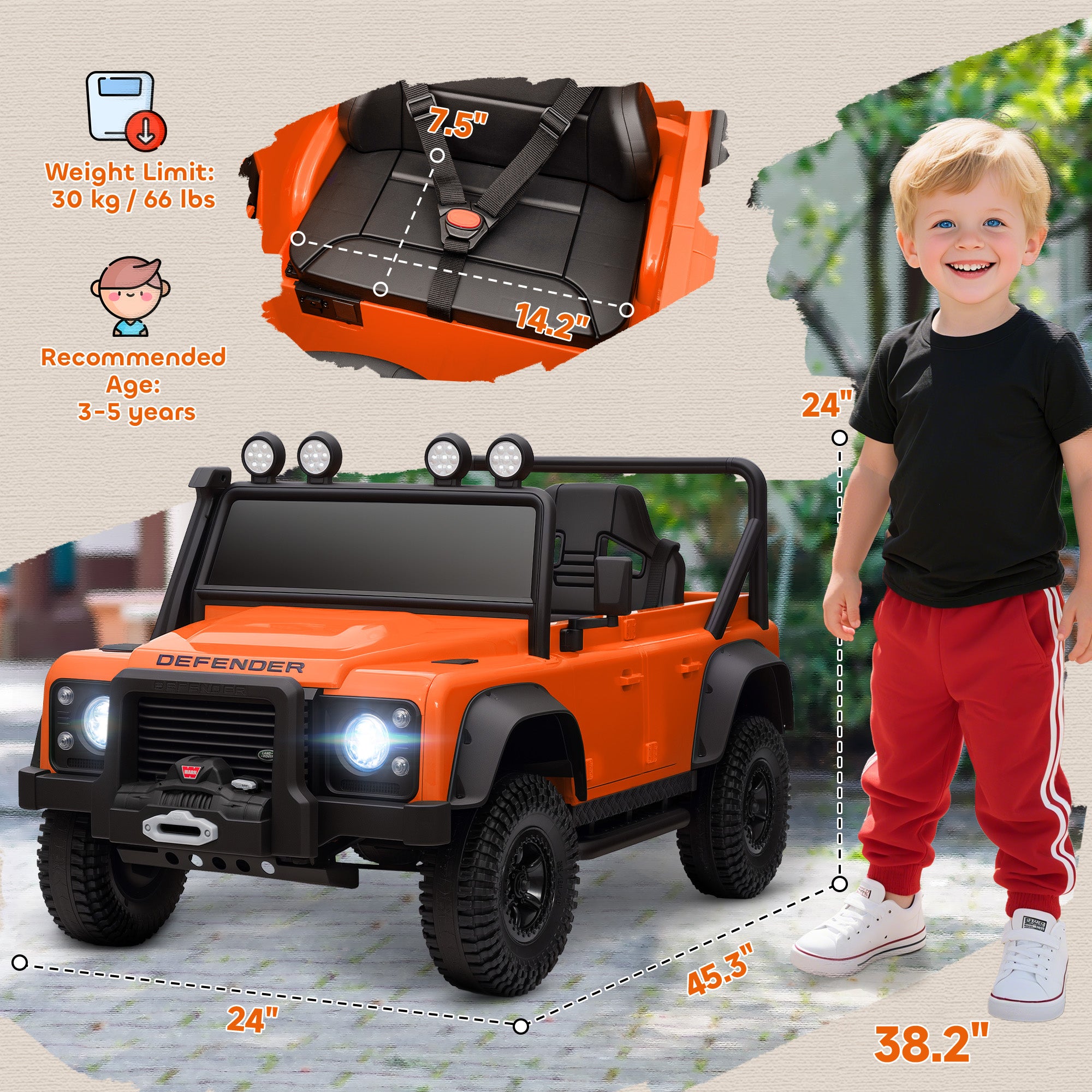 Land Rover Licensed Electric Car for Kids with Remote Control, Dual Motors, Spring Suspension, LED Lights, Orange