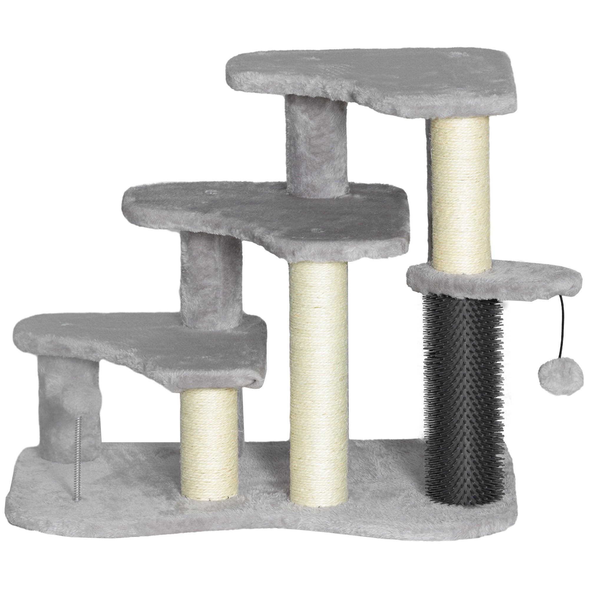 2 in 1 Cat Tree Tower 3-Step Pet Stairs with Scratching Posts, Tickling Post, Toy Balls, for High Beds, Couch - Light Gray