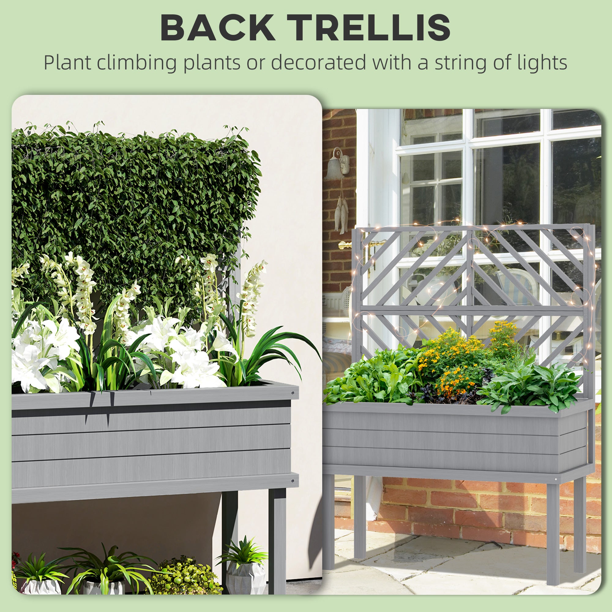 Elevated Wood Planter with Trellis for Climbing Plants, Raised Garden Bed with Legs and Drainage Holes, Gray - Gray - Image 4
