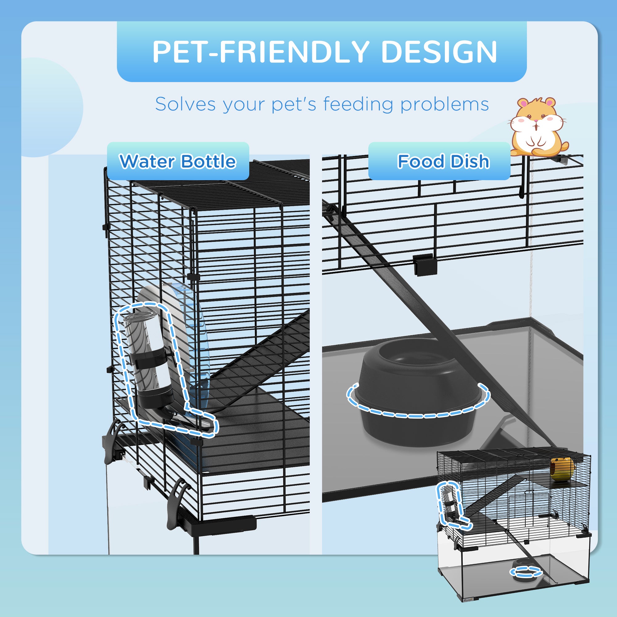23.5" Hamster Cage, Gerbil Cage with Glass Basin for Small Hamsters, Black - Black - Image 5