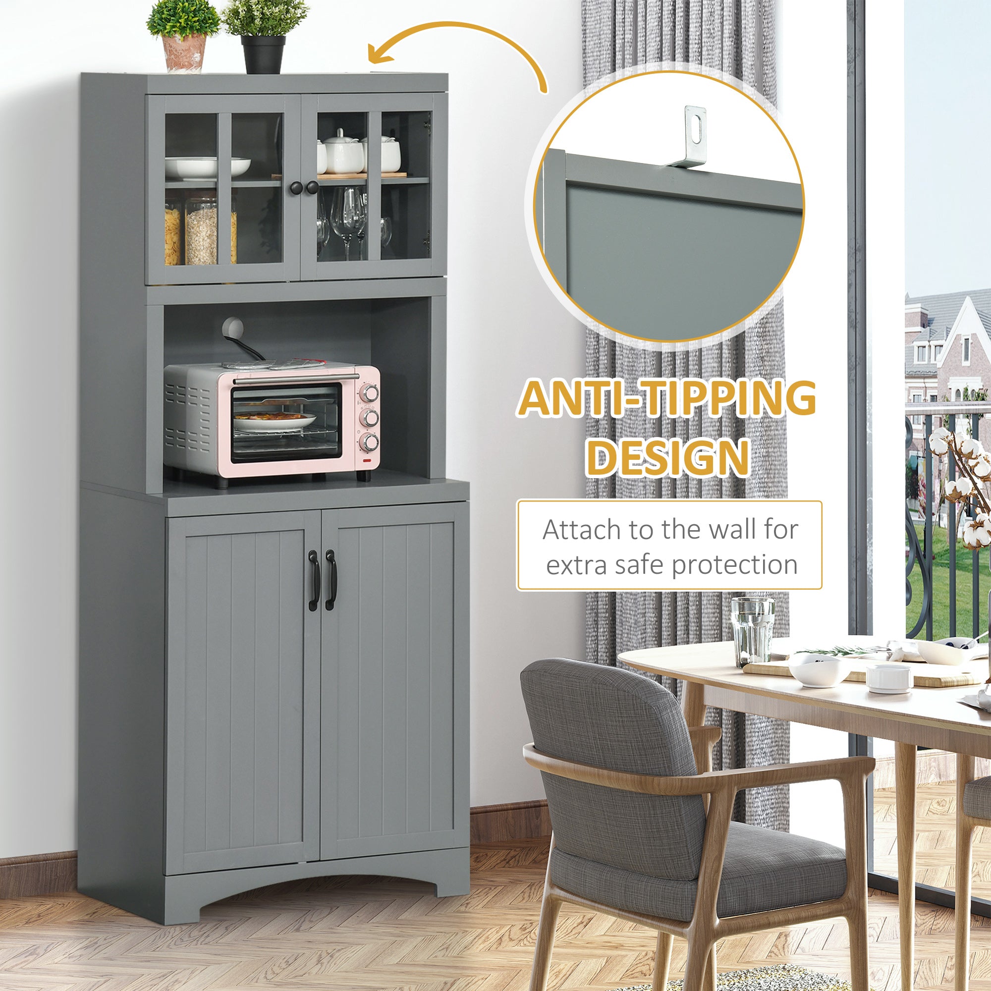 Storage Cabinet with Adjustable Shelves and Microwave Space, 70" Pantry Cabinet with Glass Framed Door, Gray