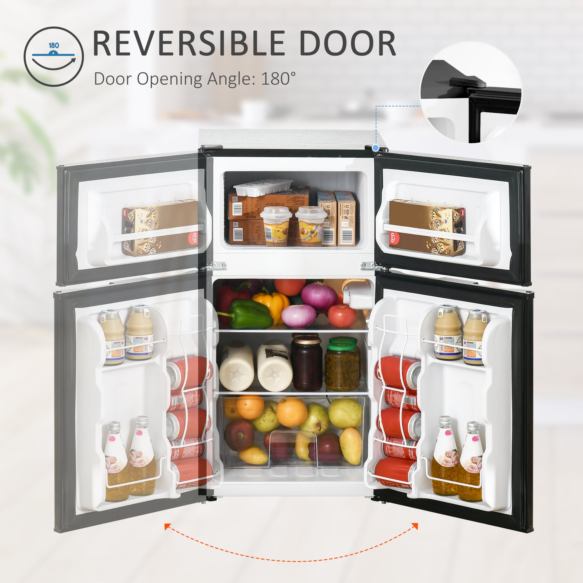 3.2 Cu.Ft Mini Fridge with Freezer, Compact Refrigerator with Adjustable Thermostat, Shelf and Double Reversible Door for Bedroom, Dorm, Home Office, Energy Efficient, Black
