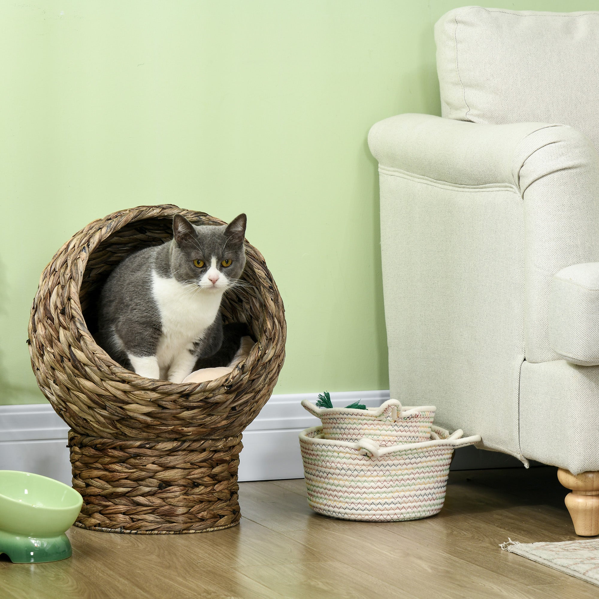 Handwoven Elevated Cat Bed with Soft Cushion & Egg Chair Shape, Basket Bed Kitty House with Stand, Raised Wicker House for Indoor Cats, 20" H, Gray - Dark Gray - Image 7
