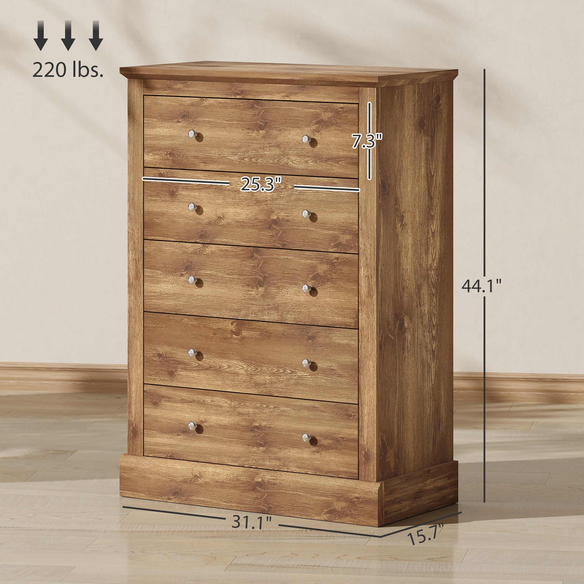 31" Wide Farmhouse Chest of Drawers with 5 Drawers, Dresser for Bedroom with Wood Top for Living Room, Brown