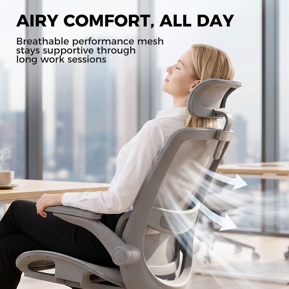 Ergonomic Office Chair with Adaptive Lumbar Support, Reclining Mesh Desk Chair with 2D Headrest, Flip-Up Arms, Gray