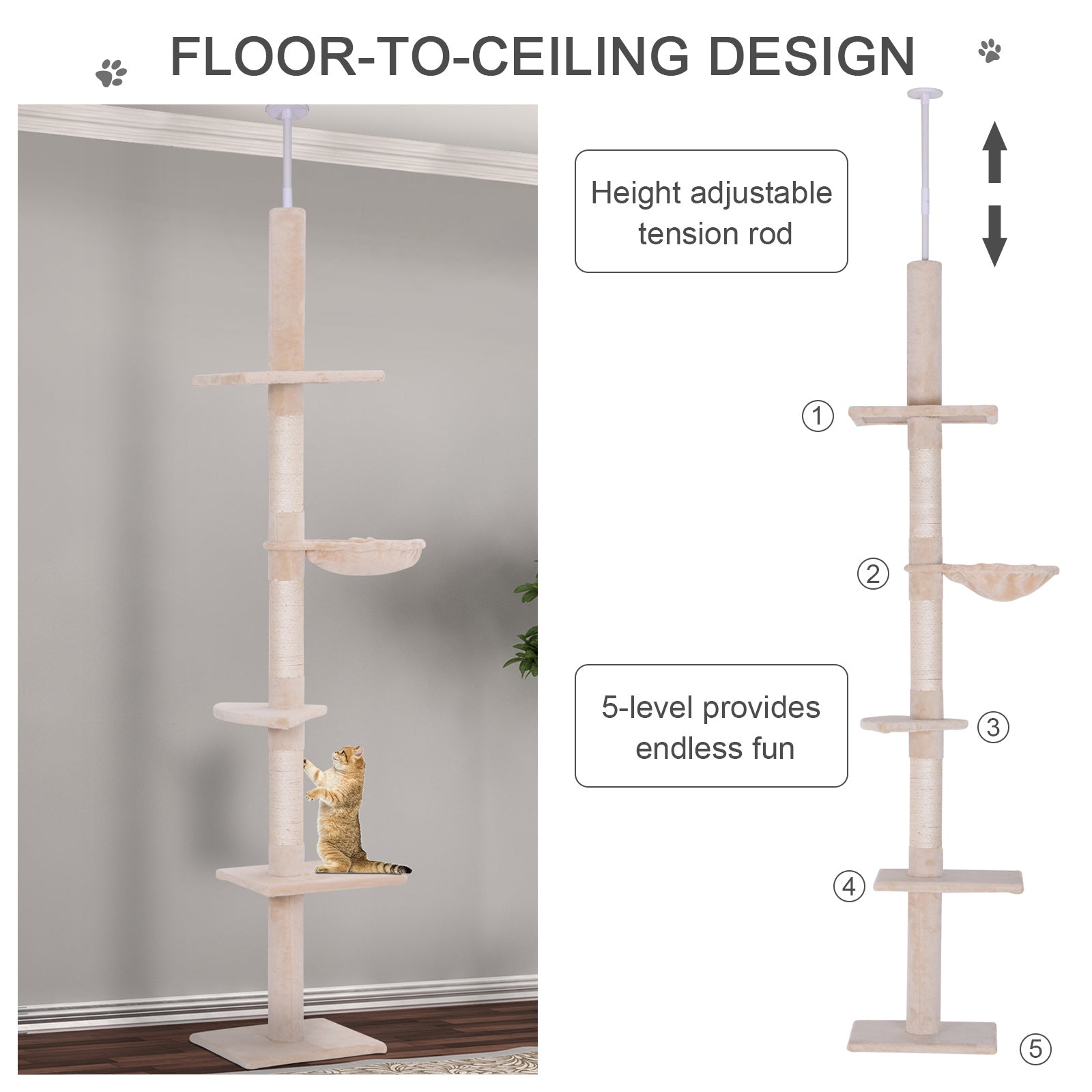102" Adjustable Height Floor to Ceiling Cat Tree, 5 Level Cat Tower with Scratching Posts, Hammock, Beige - Beige - Image 5