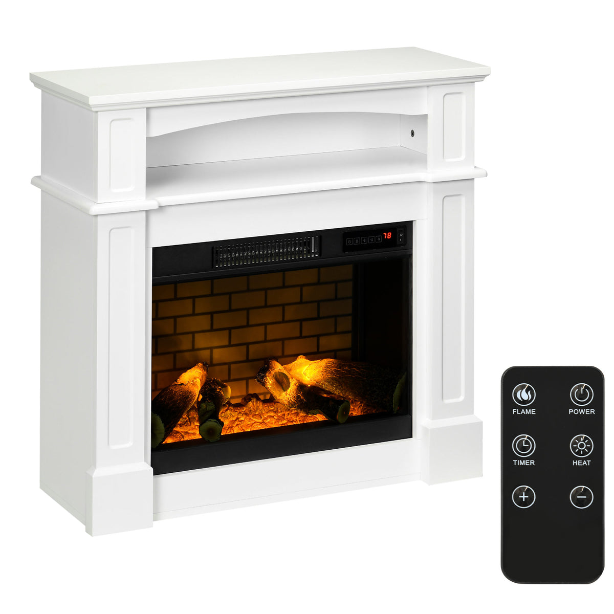 32" Electric Fireplace with Mantel, Freestanding Heater with LED Log Flame, Shelf and Remote Control, 1400W, White