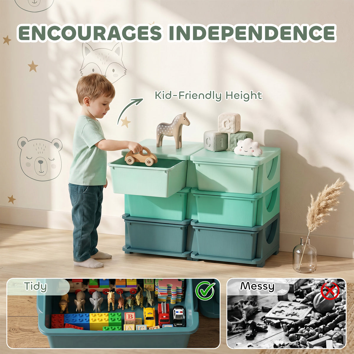Qaba 3 Tier Kids Storage Organizer with 6 Drawers for Bedroom, Nursery, Kindergarten, Living Room, Boys and Girls, Green