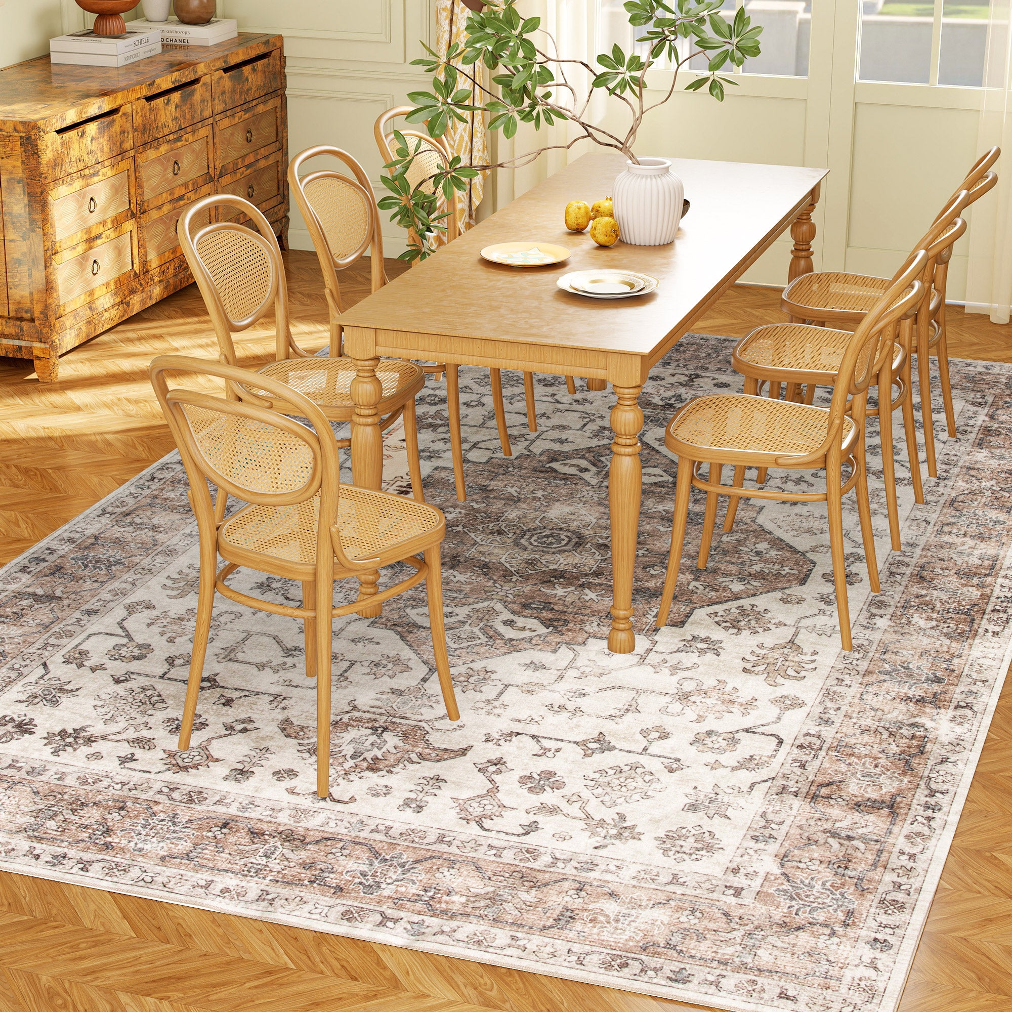 8x10 Area Rug, Vintage Machine Washable Rug, Non-Slip Floor Carpet for Living Room, Bedroom, Dining Room, Tan