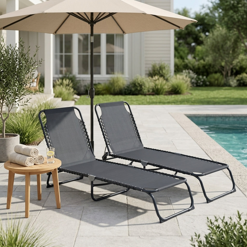 Set of 2 Folding Chaise Lounge Chairs, Outdoor Sun Tanning Chairs with Reclining Back, Gray