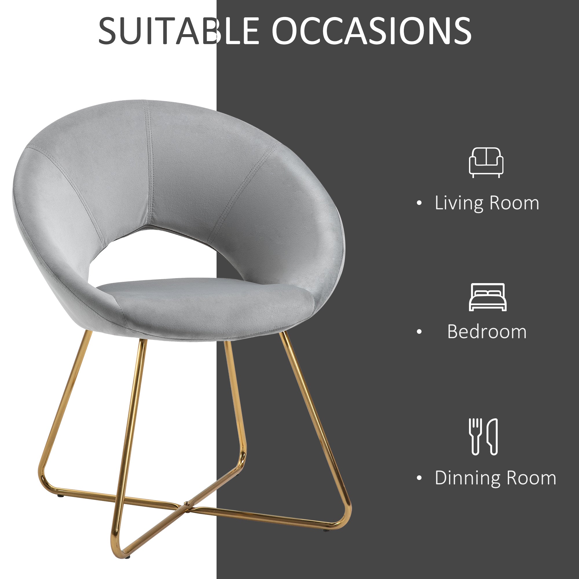 Modern Accent Velvet Chair Open Curved Mid-Back Upholstered Vanity Chair with Gold Plating Metal Legs Gray