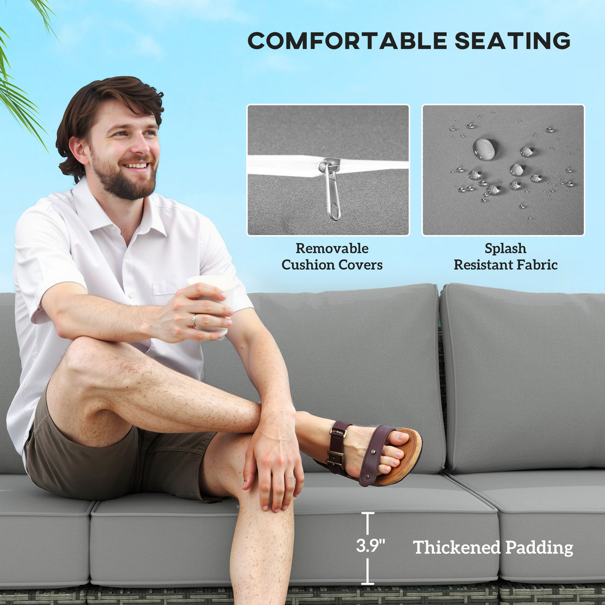 3 Seater Wicker Outdoor Couch Patio Sofa with Storage, Thickened Cushions and Wide Armrests for Porch Yard, Gray