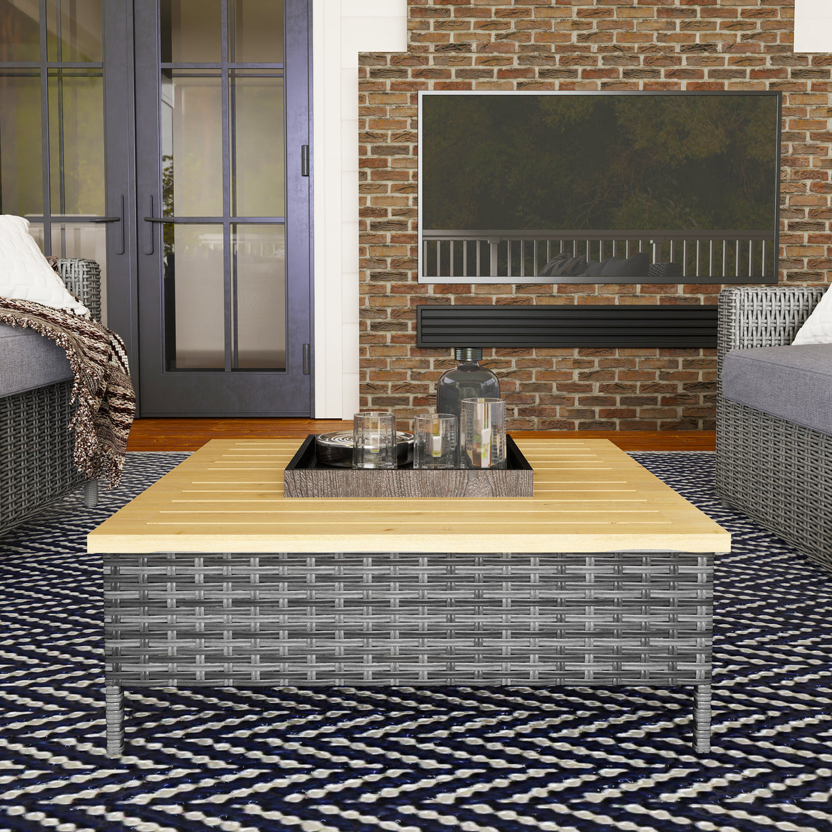 Outdoor Side Table with PE Rattan, Patio End Table with Natural Fir Wood Top, Weather Resistant Accent Table for Patio Pool Porch, Gray