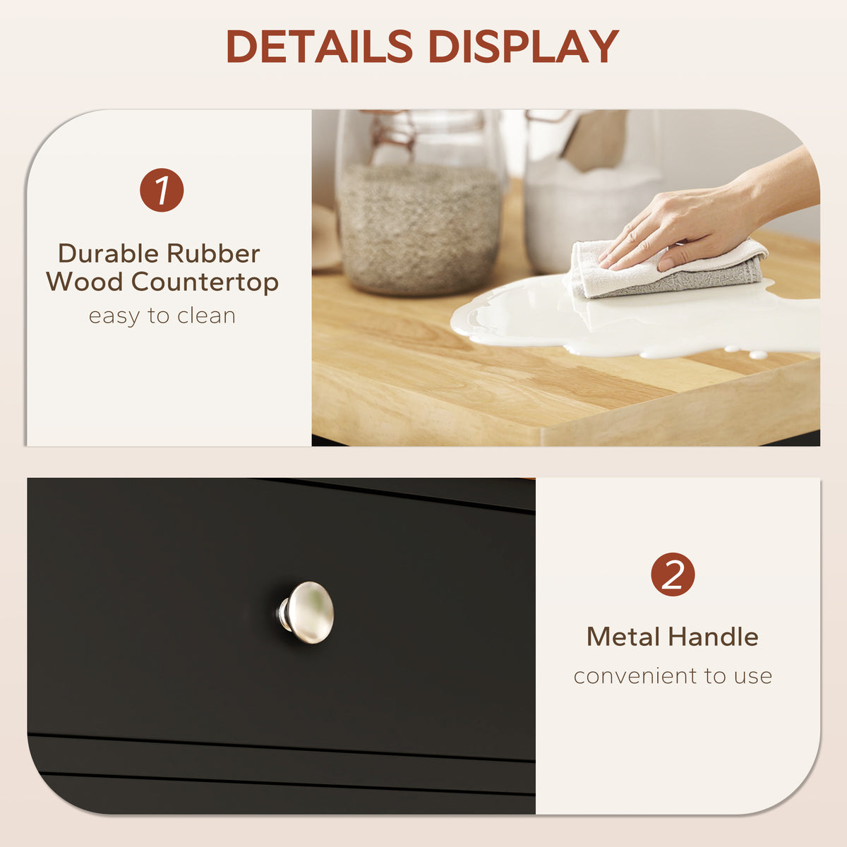 Kitchen Island on Wheels, Rolling Kitchen Cart with Rubberwood Top, Drawer, Wine Rack and Cabinet, Black