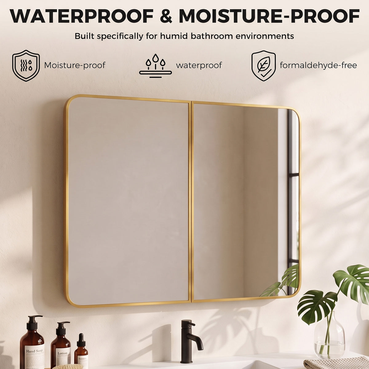 30" x 24" Medicine Cabinet with Mirror, Bathroom Mirror Cabinet with Adjustable Shelves, Wall-Mounted or Recessed, Gold
