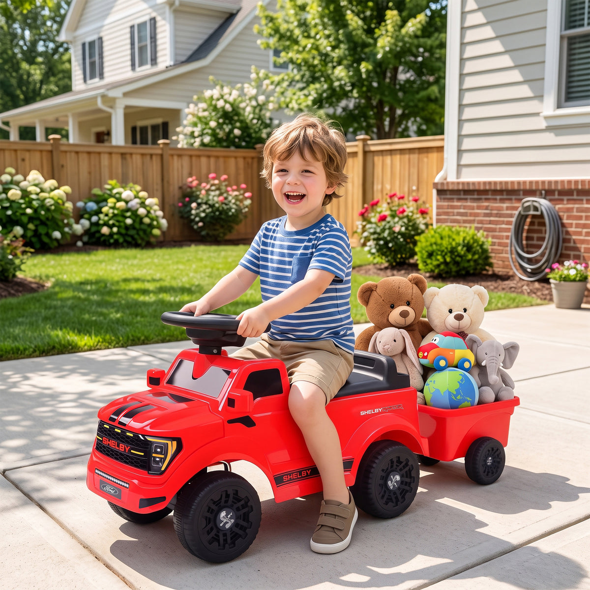 Ride on Push Car, Licensed Shelby Foot to Floor Sliding Toddler Toy with Trailer, Lift-Up Hood for 18-72 M, Red