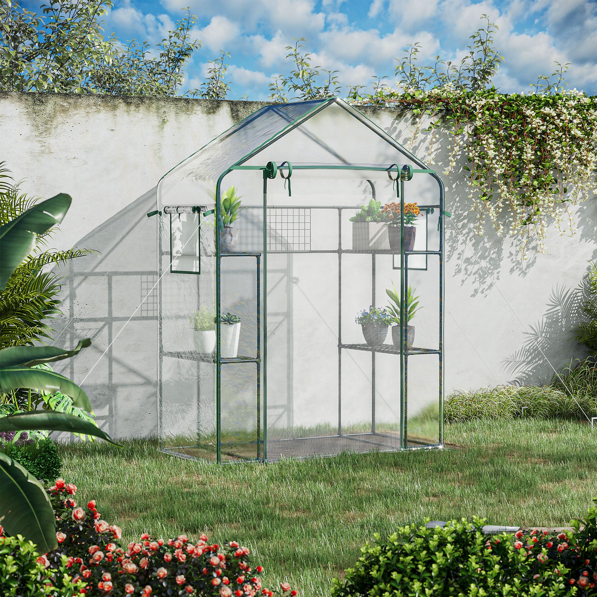 Outdoor Walk-in Mini Greenhouse with Mesh Door & Windows, Small Portable Garden Green House with 3 Tiers 6 Shelves, Trellis, & Plant Labels - Clear - Image 2