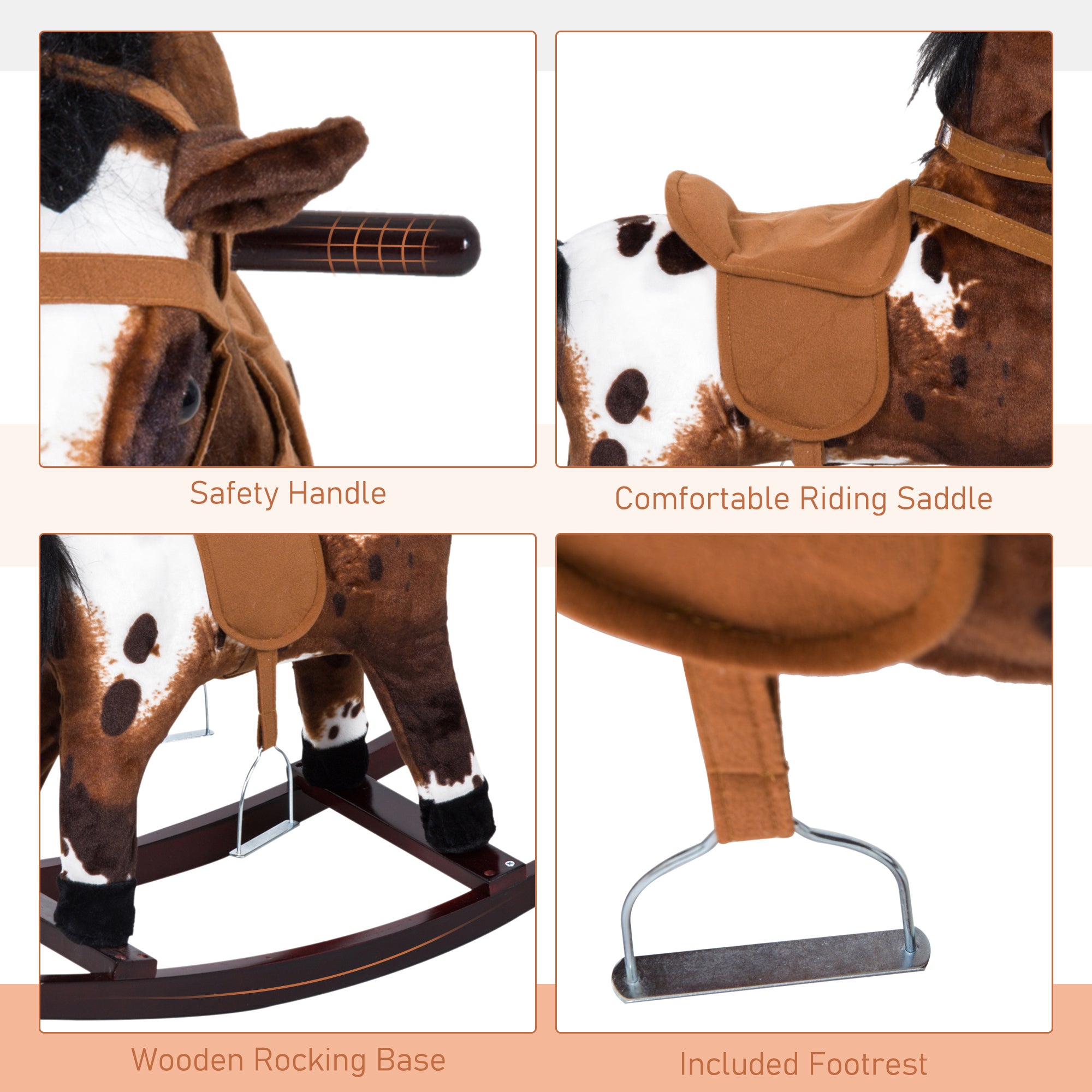 Kids Wooden Plush Ride-On Rocking Horse Chair Toy with Realistic Sounds Dark Brown/White