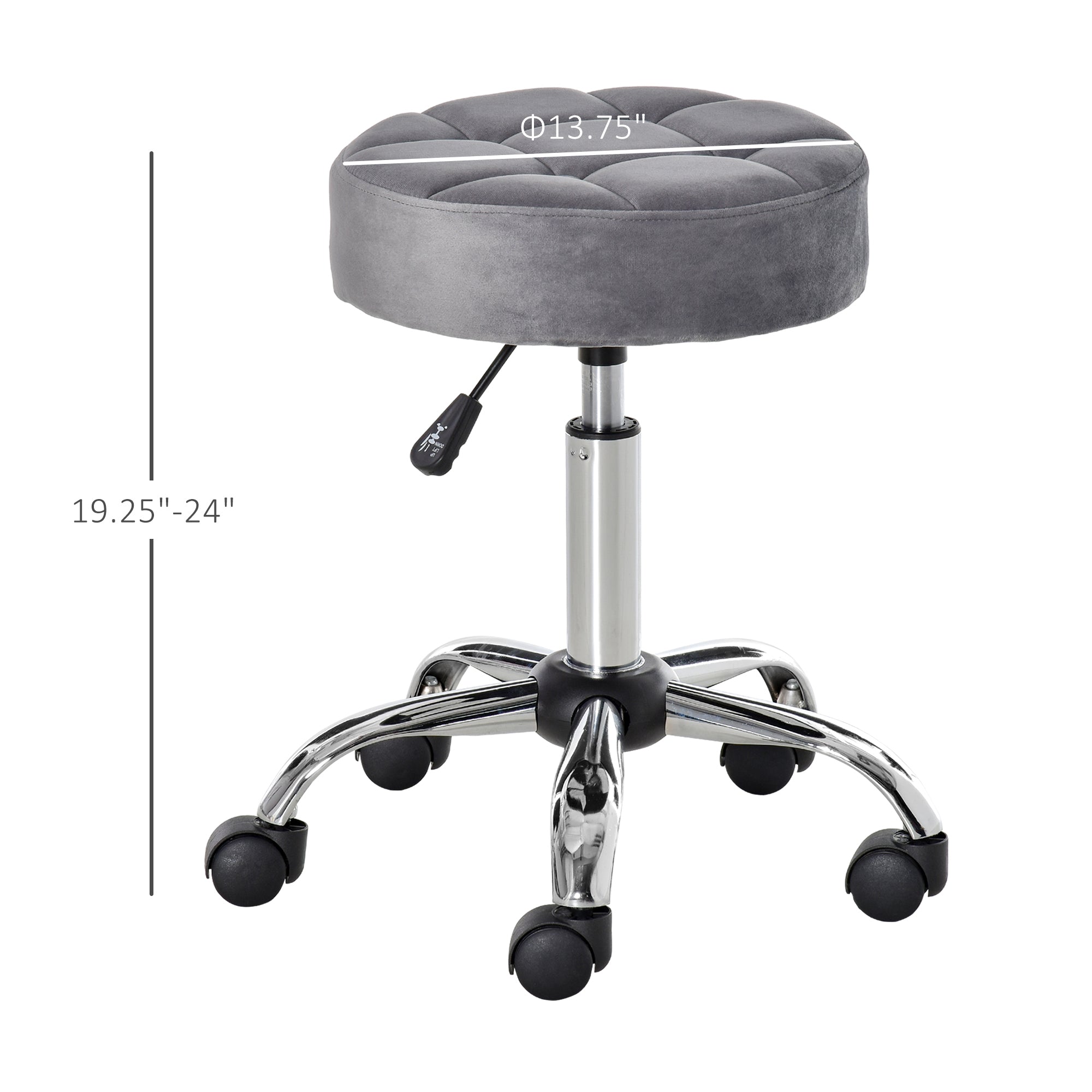 Round Rolling Stool with Height Adjustable Lift, Vanity Chair with Luxury Style Upholstery, Office Chair with Swivel Seat and Wheels for Work Spa Salon, Grey