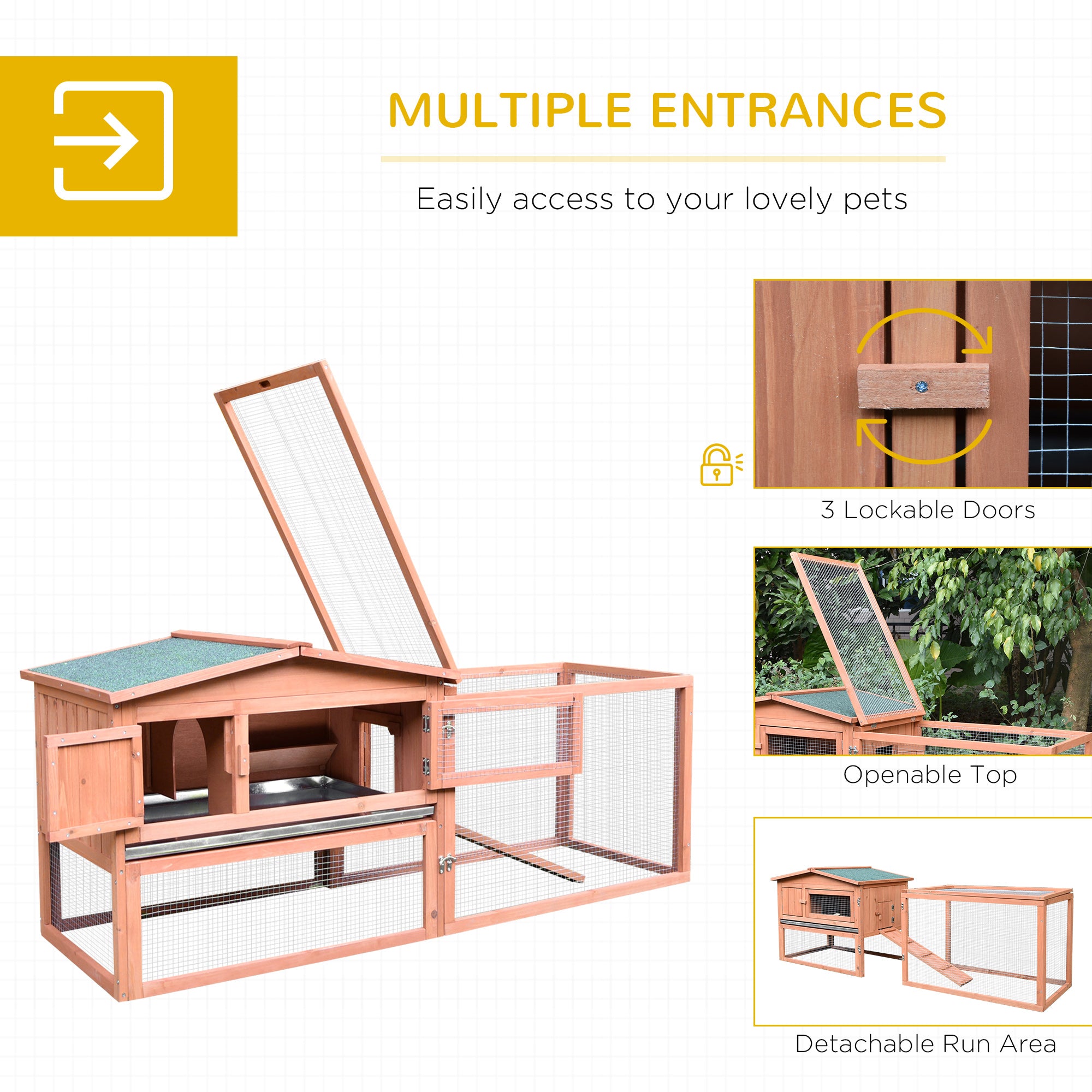 Rabbit Cage Outdoor, 62" Wooden Outdoor Rabbit Hutch, Small Animal Habitat with Detachable Run and Elevated Main House, Natural - Natural Wood - Image 4