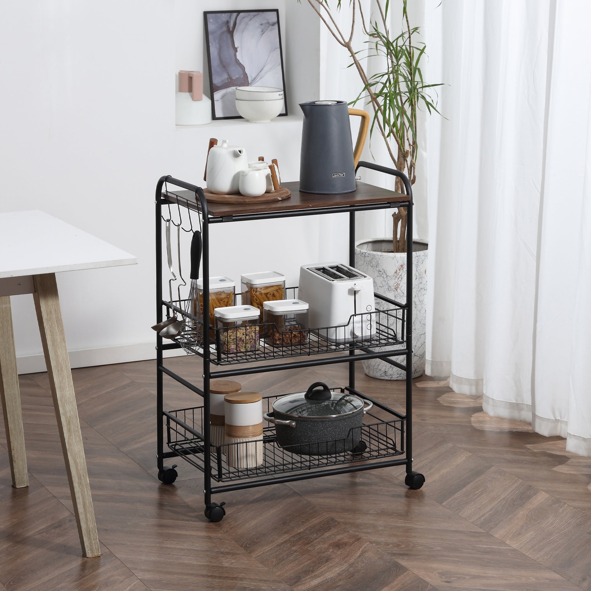 3 Tier Rolling Kitchen Cart with Storage, Kitchen Island Cart on Wheels with 2 Sliding Fruit Basket, Microwave Cart with Side Hooks for Dining Room, Walnut