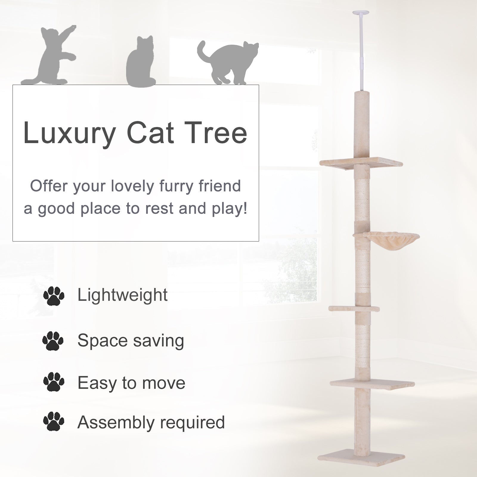 102" Adjustable Height Floor to Ceiling Cat Tree, 5 Level Cat Tower with Scratching Posts, Hammock, Beige - Beige - Image 4