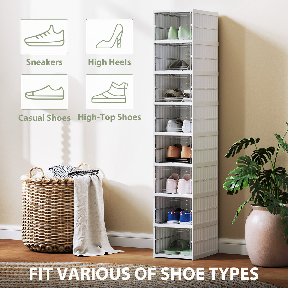 Stackable Plastic Shoe Boxes, 8 Pack Foldable Shoe Storage Boxes with Clear Door, No Assembly, Fit Size 10, White