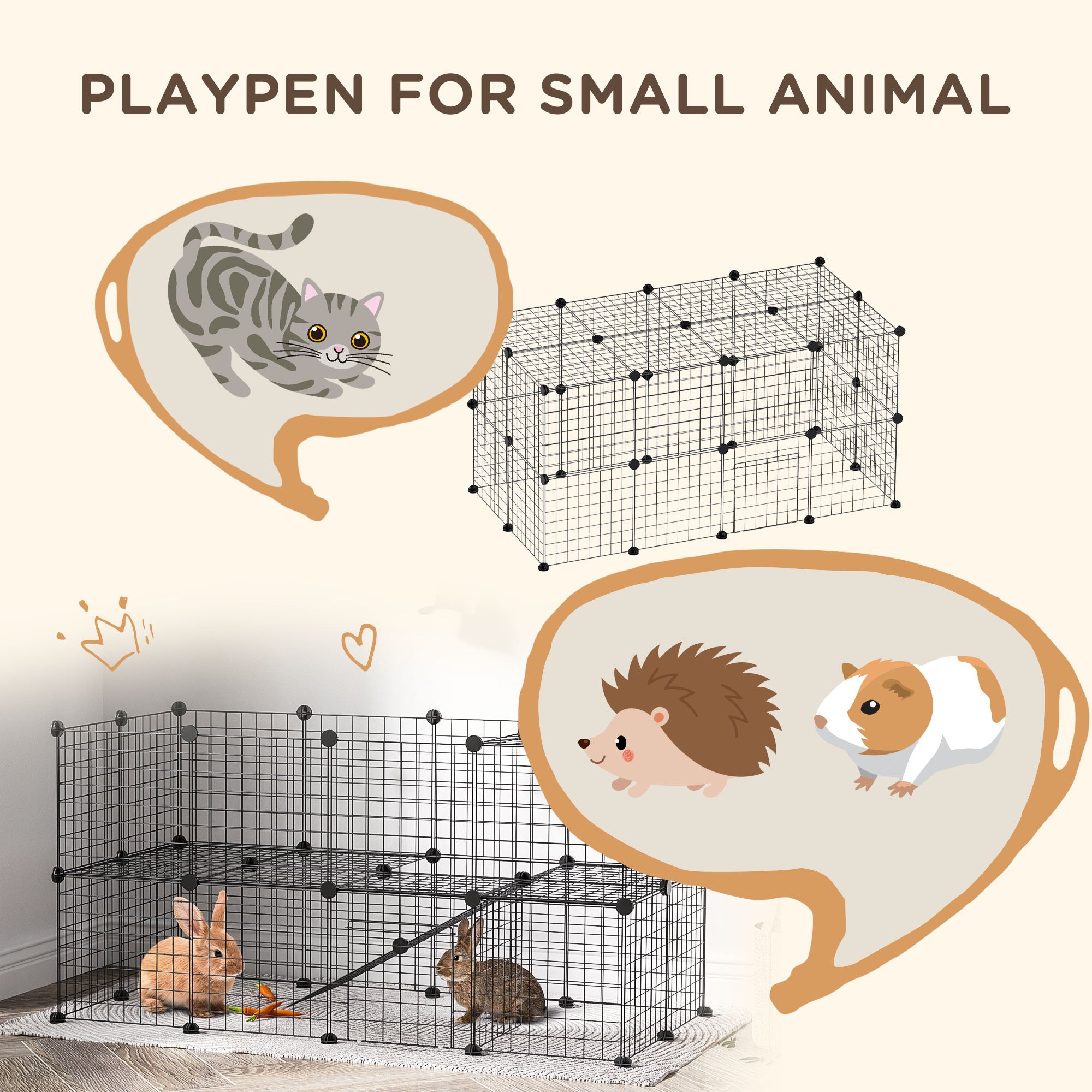36 Panels Small Animal Playpen with Door, DIY C & C Cage for Guinea Pigs with Ramp, Portable Metal Wire Yard for Rabbit, Hedgehogs, 14 x 14 in - Black - Image 5