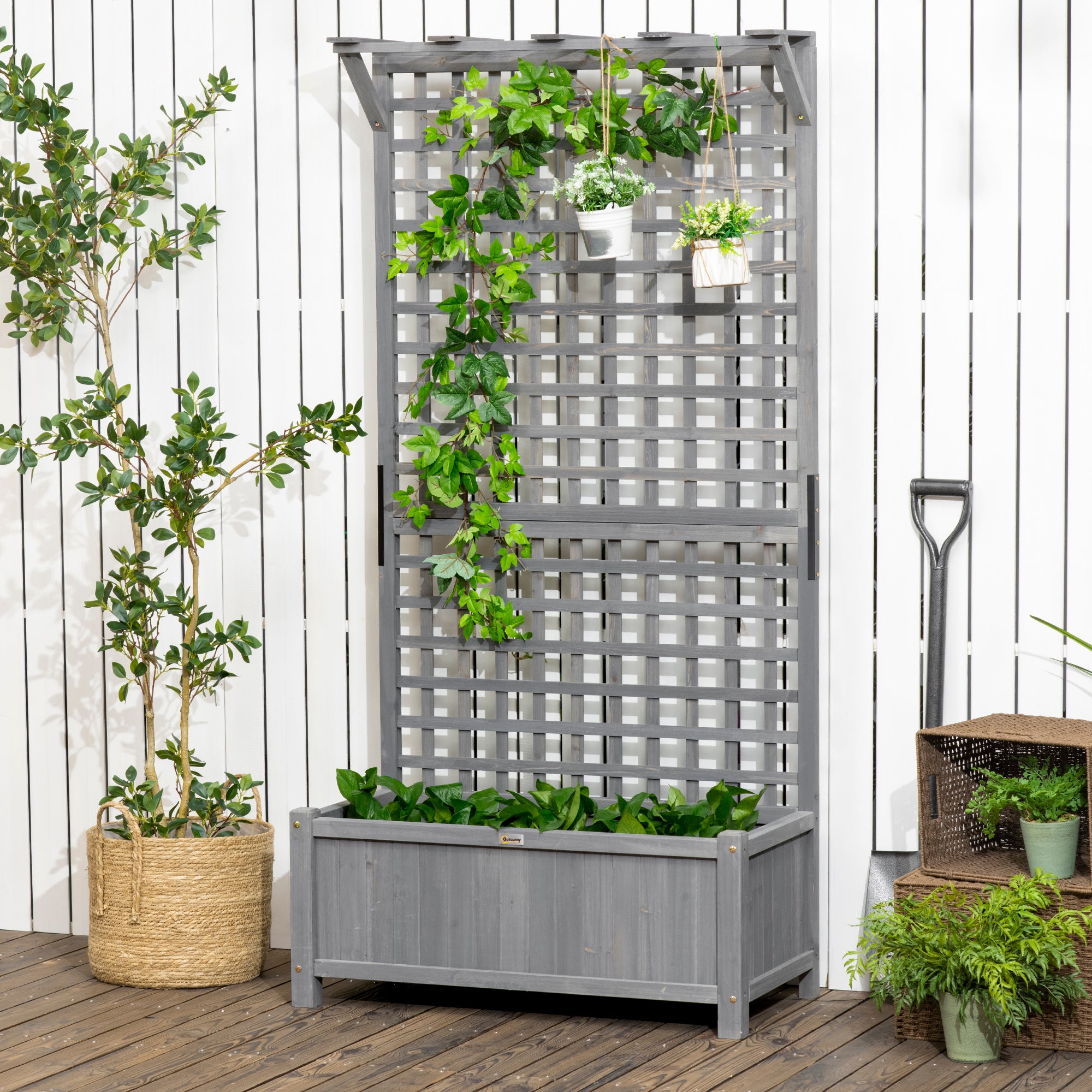 Wood Planter with Trellis for Vine Climbing, Raised Garden Bed, Privacy Screen for Backyard, Patio, Dark Gray - Dark Gray - Image 8