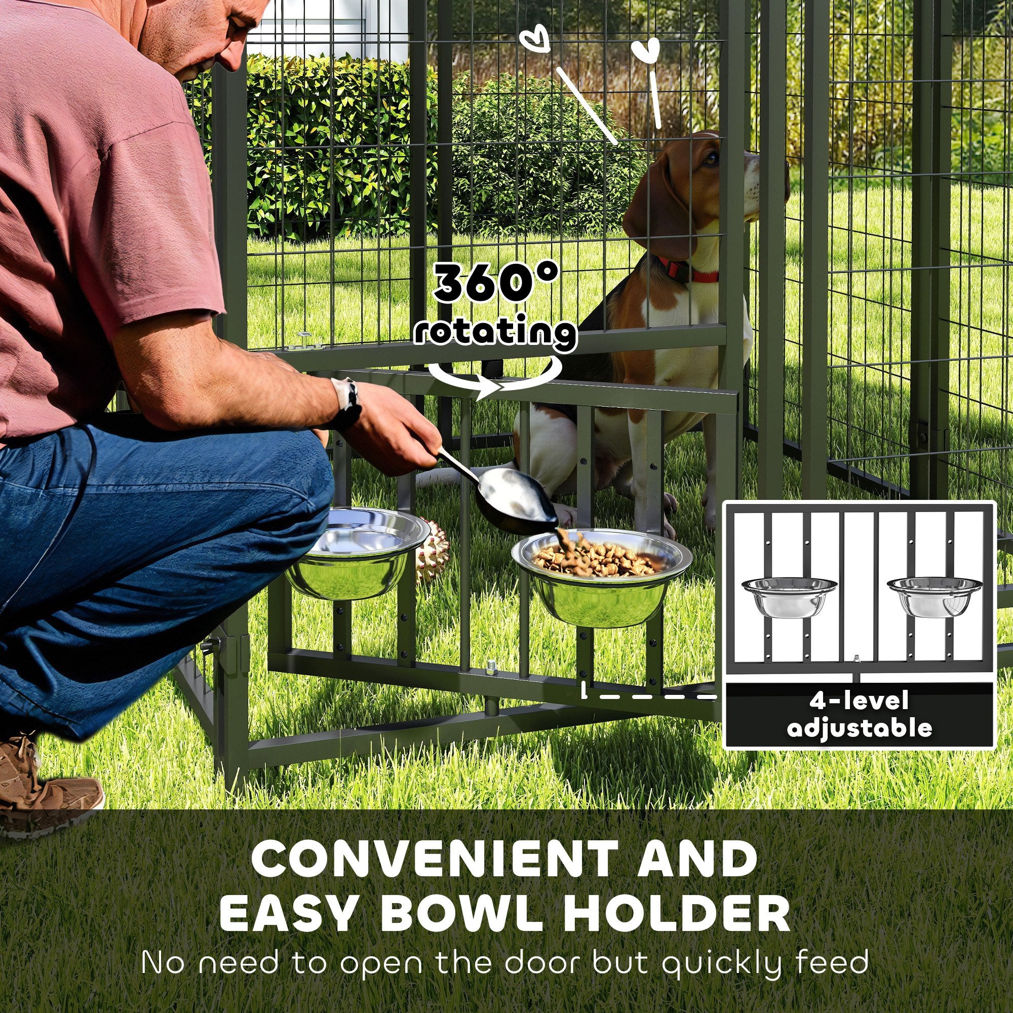 Welded Wire Outdoor Dog Kennel with 360° Rotating & 4 Levels Adjustable Bowls, Waterproof Cover, 3.9' x 3.9' x 4.5' - Silver - Image 6